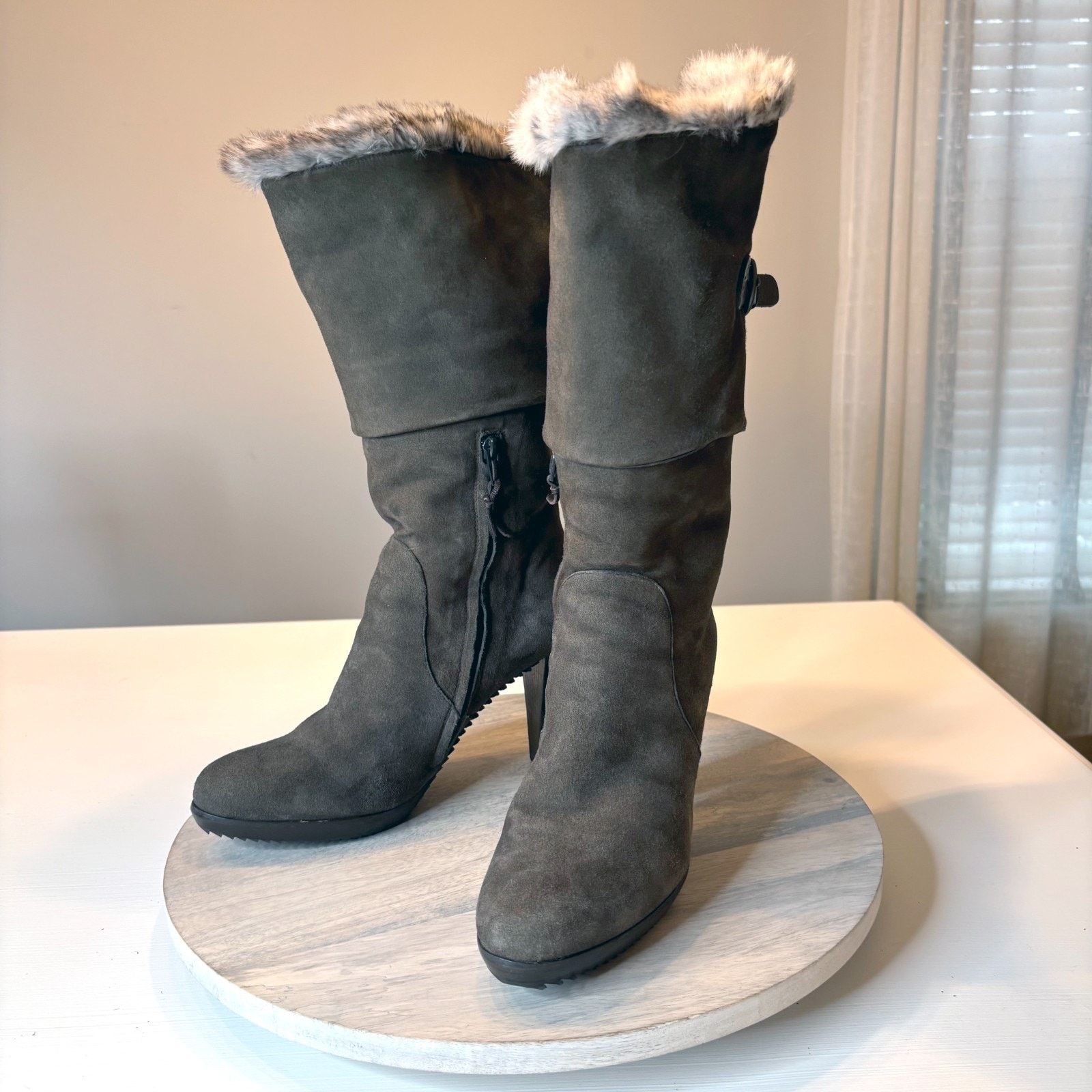 HENRY BEGUELIN Henry Beguelin Suede Fur Trim Boots Sz 9 Brown Buckle Heel Size US 9 / IT 39 - 4 Thumbnail