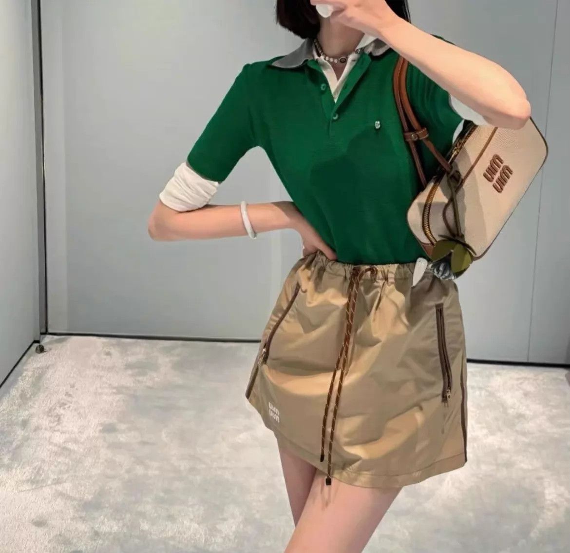 Miu Miu MIU MIU Khaki Logo Drawstring Nylon Short Skirt Size 28" / US 6 / IT 42 - 1 Thumbnail