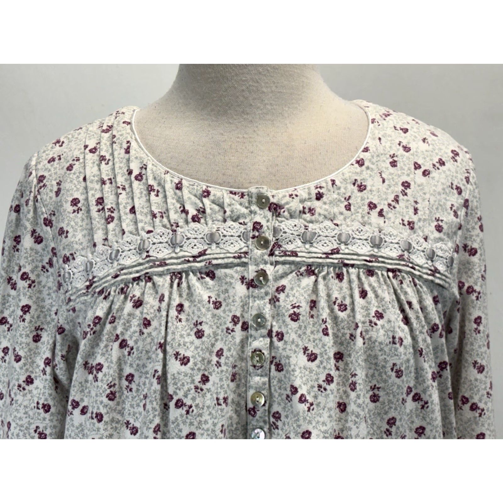 Vintage Eileen West Nightgown Long Sleeve Floral Midi Cotton Lace Trim White S Size S / US 4 / IT 40 - 5 Thumbnail