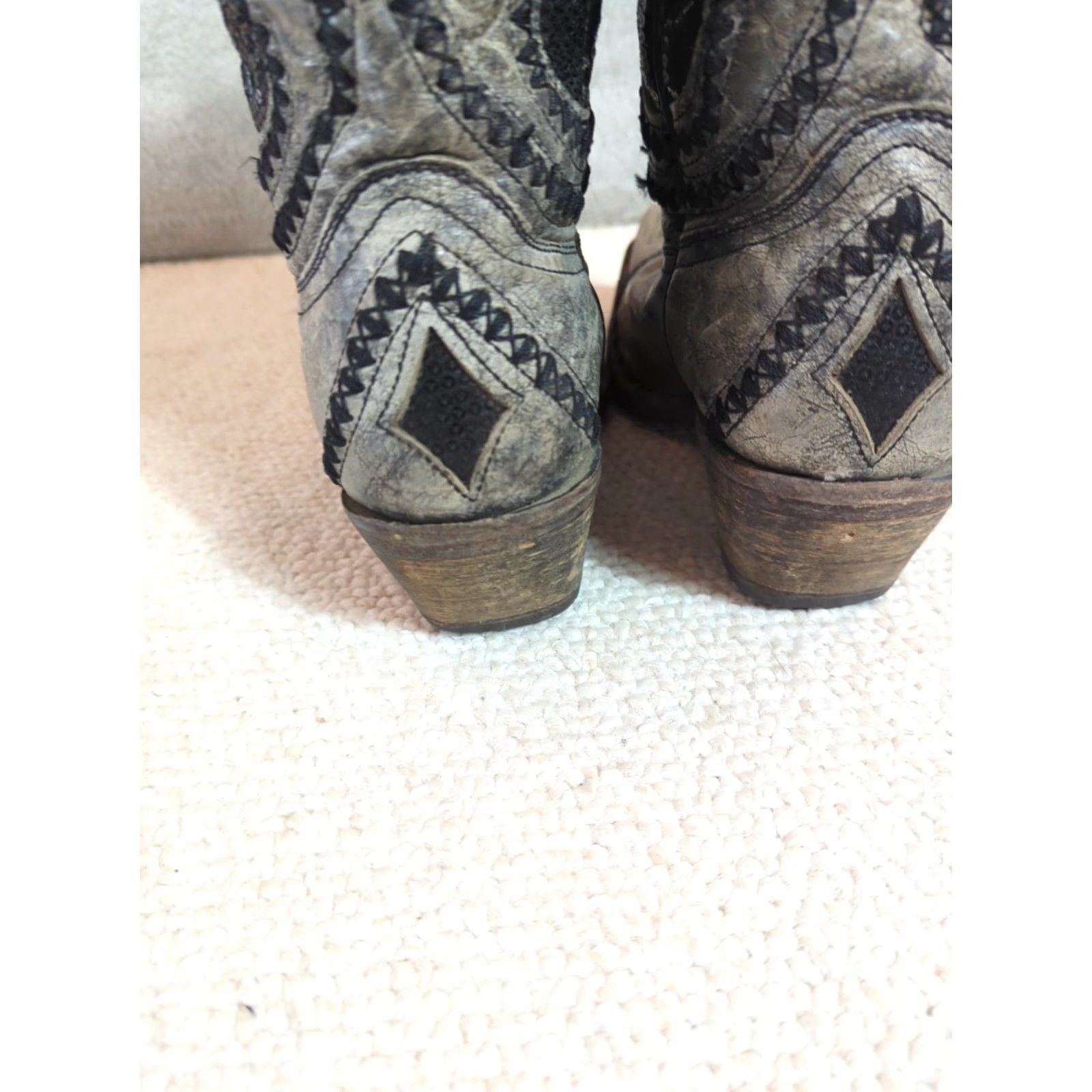 Vintage Corral Boots Cowgirl Western Leather Snip Toe Black Gray Inlay 7M Mid Calf Size US 7 / IT 37 - 7 Thumbnail