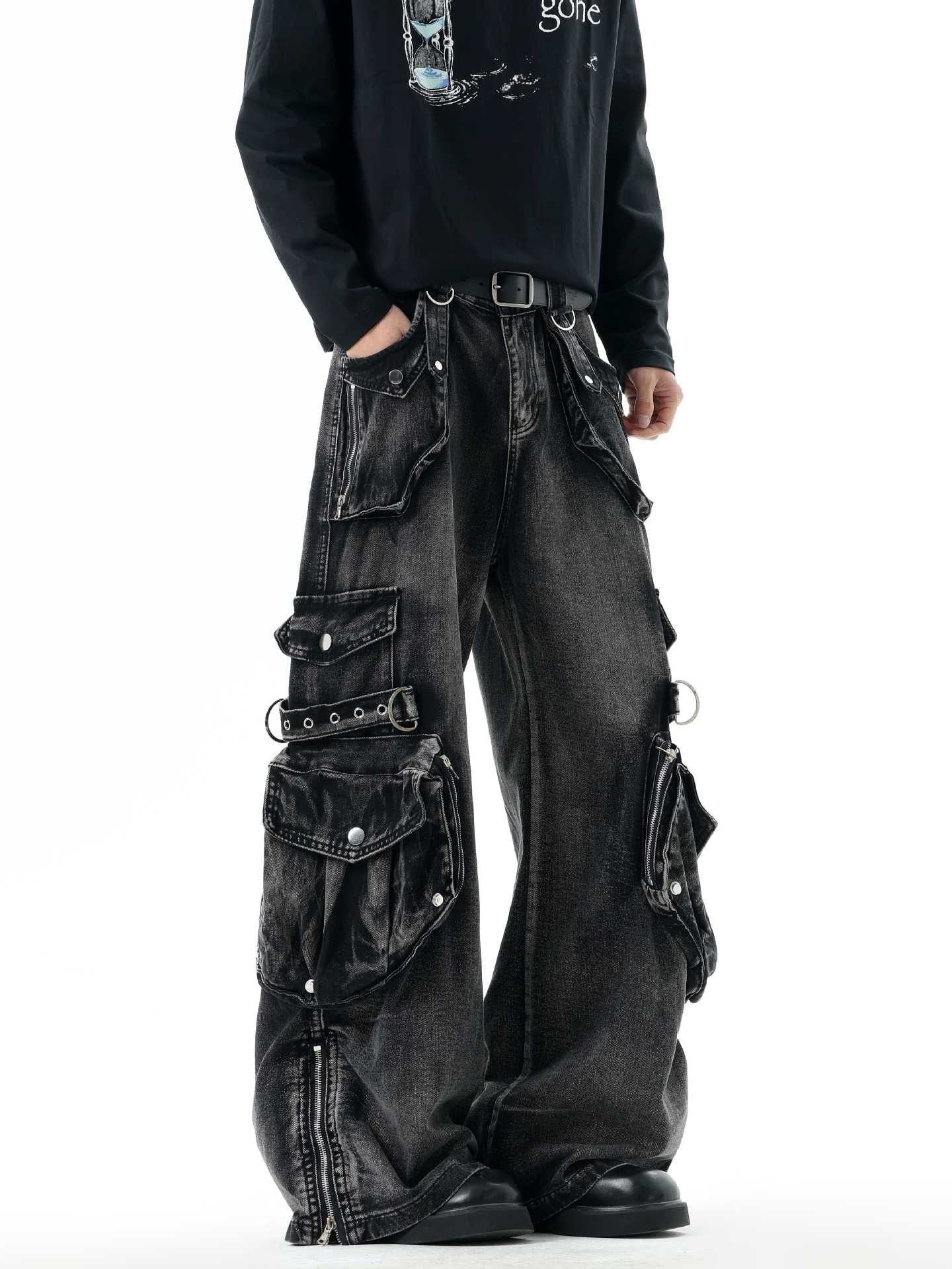 Japanese Brand Black Wide Leg Cargo Denim Pants, Baggy Cargo Jeans Size US 28 / EU 44 - 7 Thumbnail