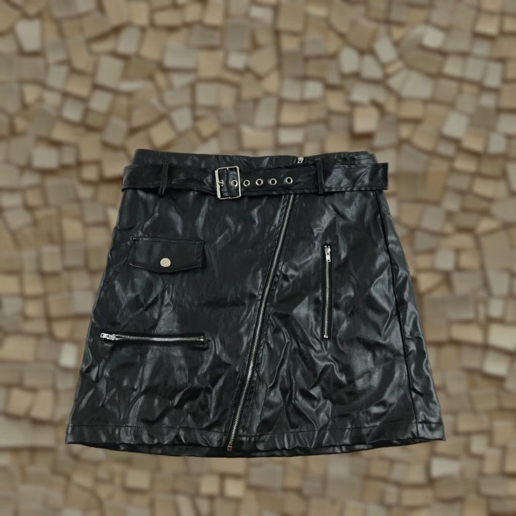 Shein SheIn Skirt Women L Black Faux Leather A-Line Zip Pockets Belted Size 36" / US 14 / IT 50 - 1 Thumbnail
