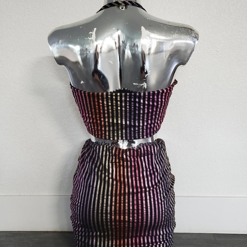 Designer Multicolored Metallic Black Bead Striped Set Size 36" / US 14 / IT 50 - 2 Thumbnail