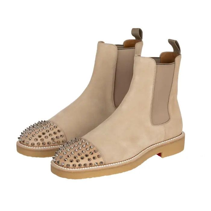 Christian Louboutin o1s1wg110924 Melon Spikes Flat Calf Boots in Beige Size US 8.5 / EU 41-42 - 4 Thumbnail