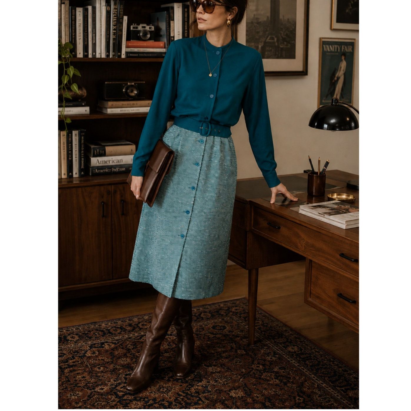 Vintage Vintage 70s/80s Teal Wool Blend Tweed Button Up Dress size S Size S / US 4 / IT 40 - 11 Thumbnail