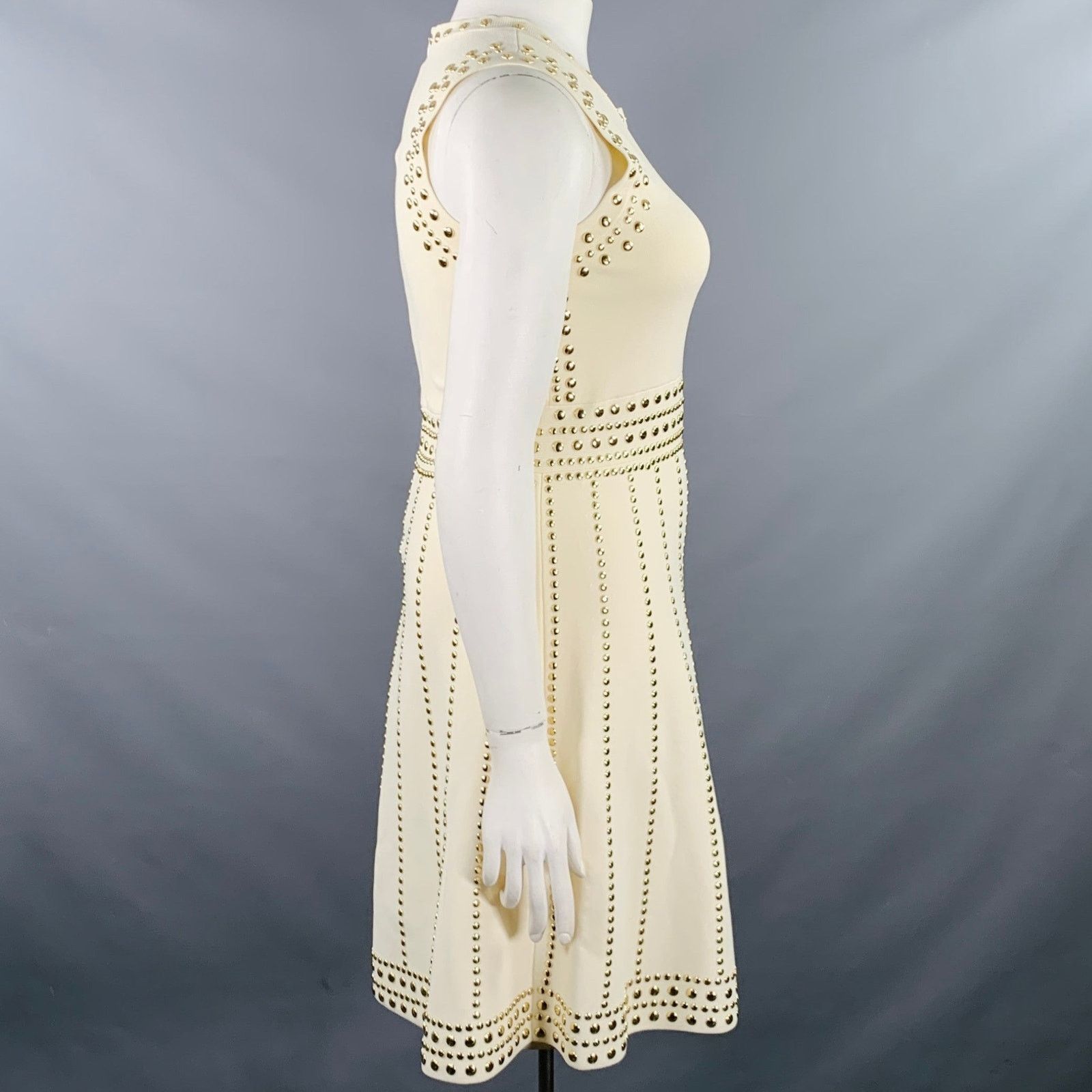 Michael Kors MICHAEL KORS Cream Gold Viscose Studded Sleeveless Dress Size L / US 10 / IT 46 - 3 Thumbnail