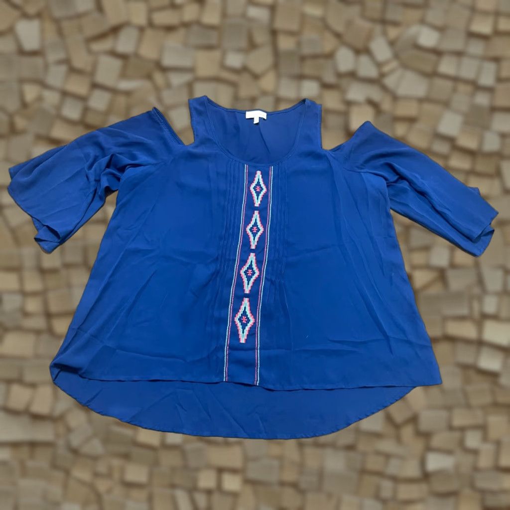 Vintage My Michelle Shirt Women's XXL Blue Orange Long Sleeve Open Shoulder Shirt Womens 2XL Orange Blue Open Shoulder Casual Modern 90s? Size XXL / US 16-18 / IT 52-54 - 1 Thumbnail