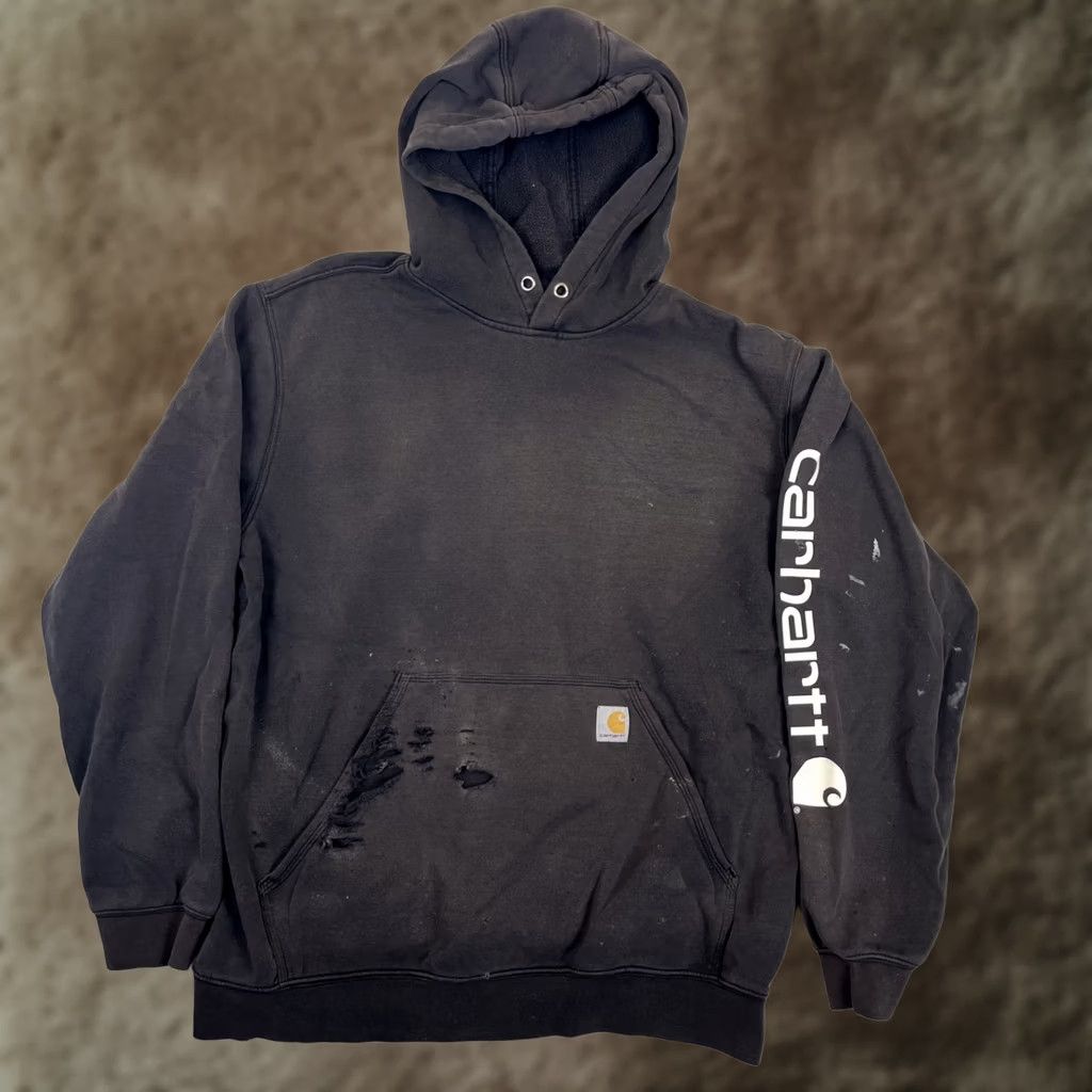 Carhartt Carhartt Hoodie Sweatshirt Mens Large Black Spell Out Arm Sun Faded Thrashed Size US L / EU 52-54 / 3 - 1 Thumbnail