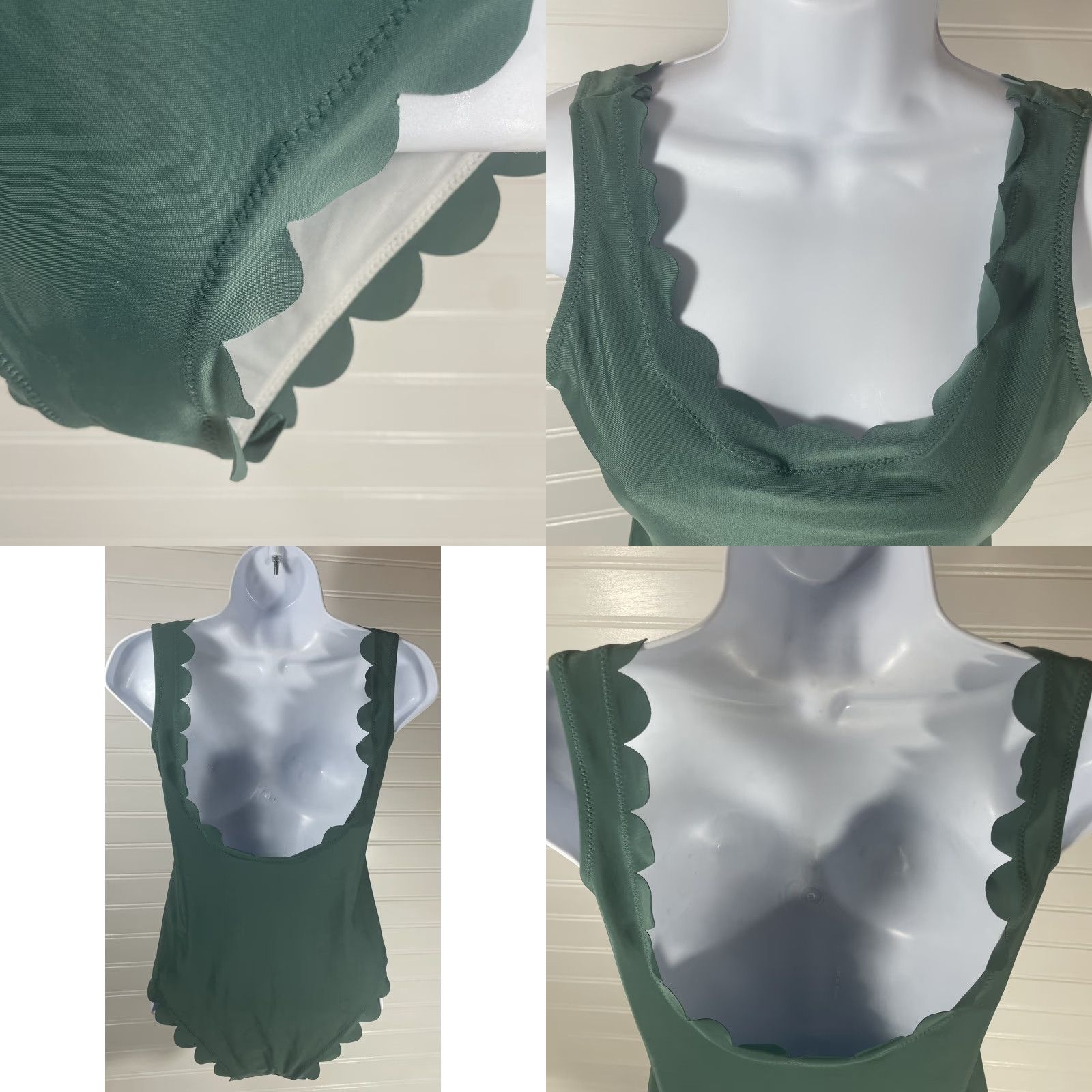 Shein VINTAGE? No. Shein Bathing Suit One Piece Green Scallop Trim Polyester 1 Piece M Women's Beach Nylon Spandex Lining Scallop Scoop Neck Halter Size M / US 6-8 / IT 42-44 - 9 Thumbnail