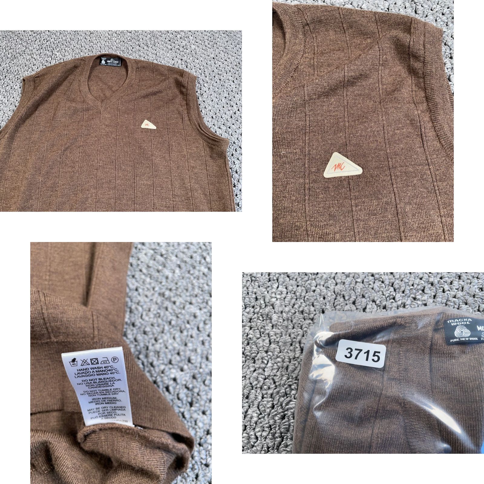 Vintage VINTAGE Monte Carlo Wool V-Neck Sweater Vest Men Adult Large 44 Brown Lightweight Knit 80s 90s Preppy Retro Vest Mens Size US L / EU 52-54 / 3 - 8 Thumbnail