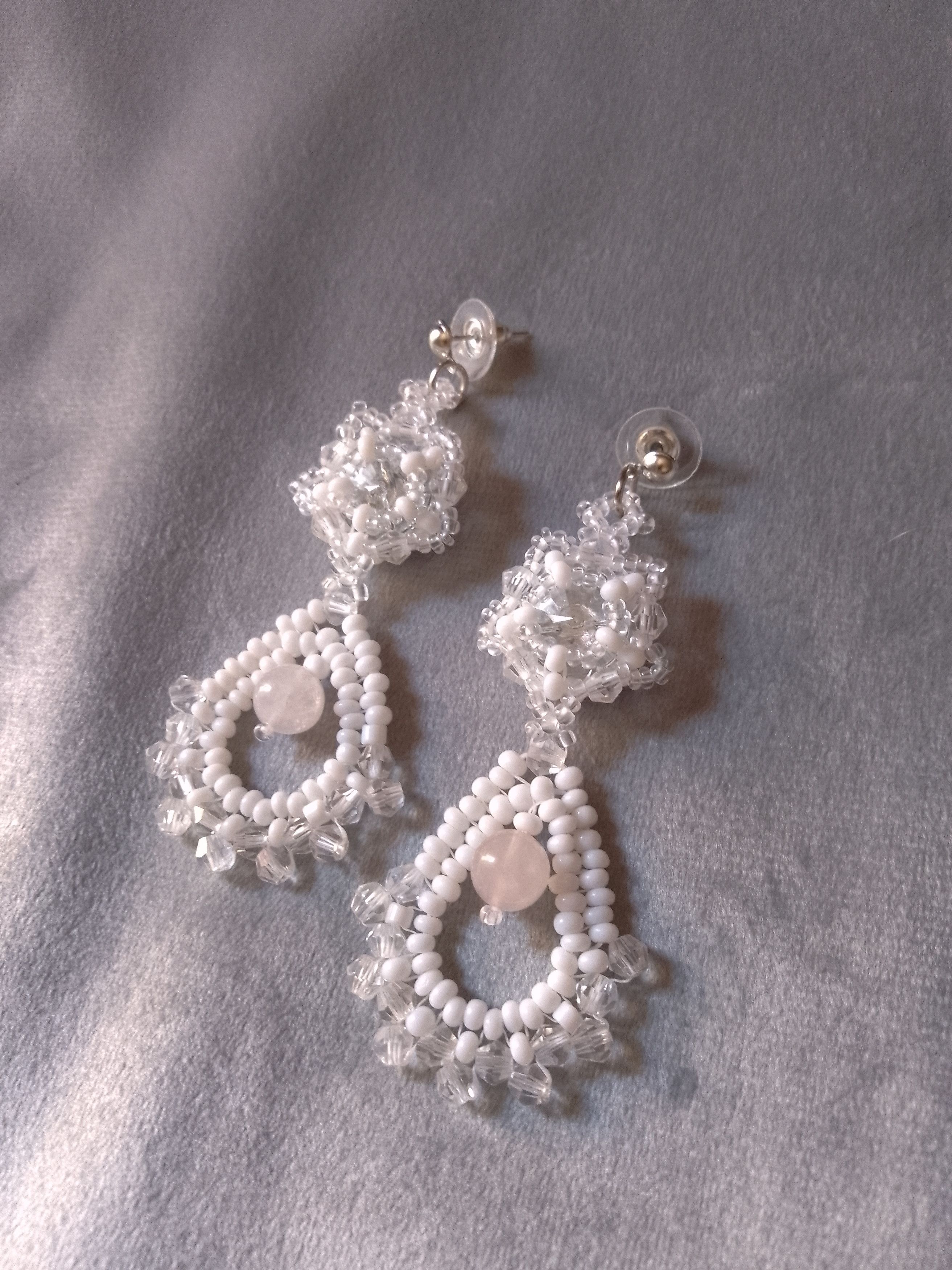 Handmade White Earrings bell shape Rose quartz gemstones Size ONE SIZE - 1 Thumbnail