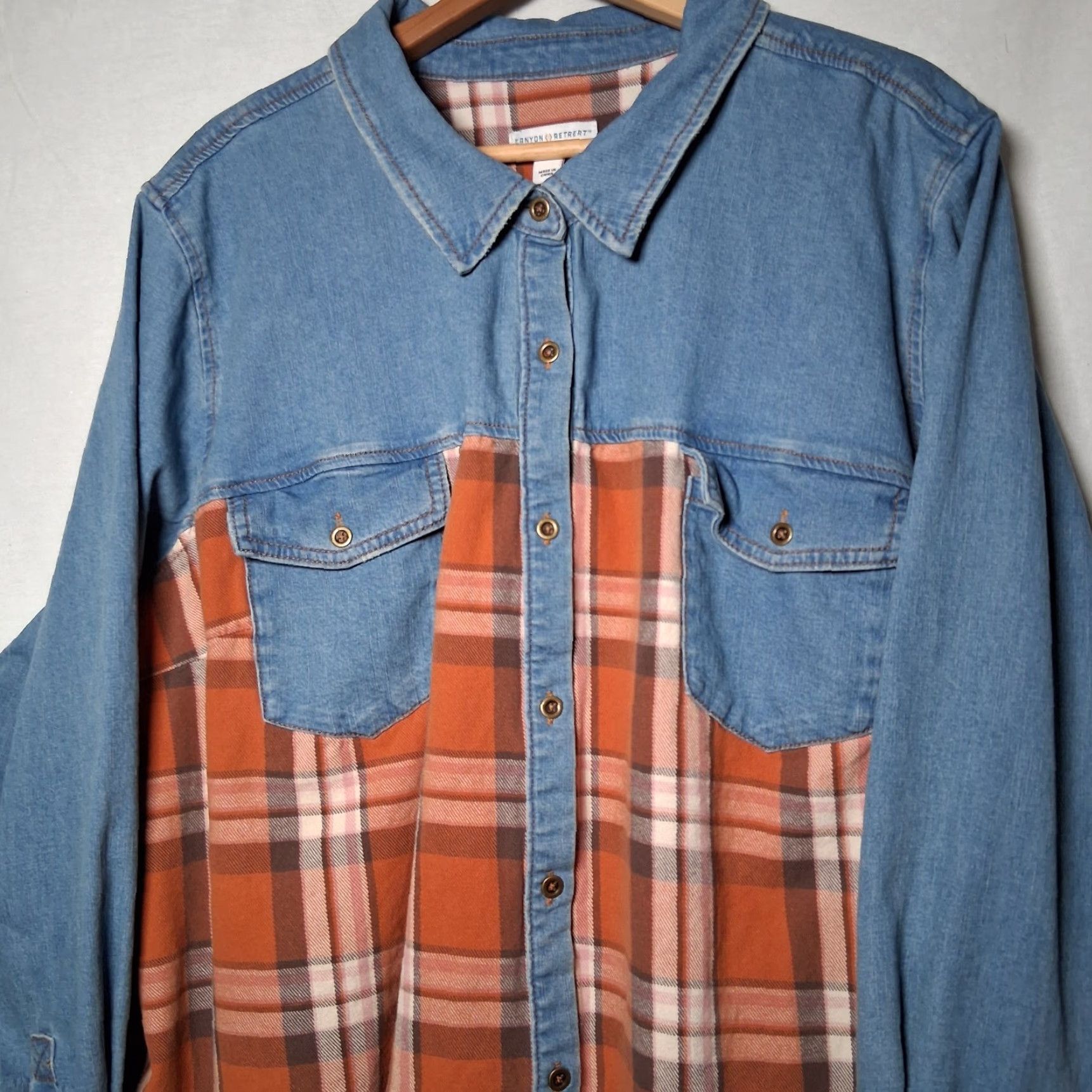 Denime Canyon Retreat Button-Up Denim Shirt Plaid Chambray Blue 3X Women Casual Distressed Look Size XXL / US 16-18 / IT 52-54 - 2 Thumbnail