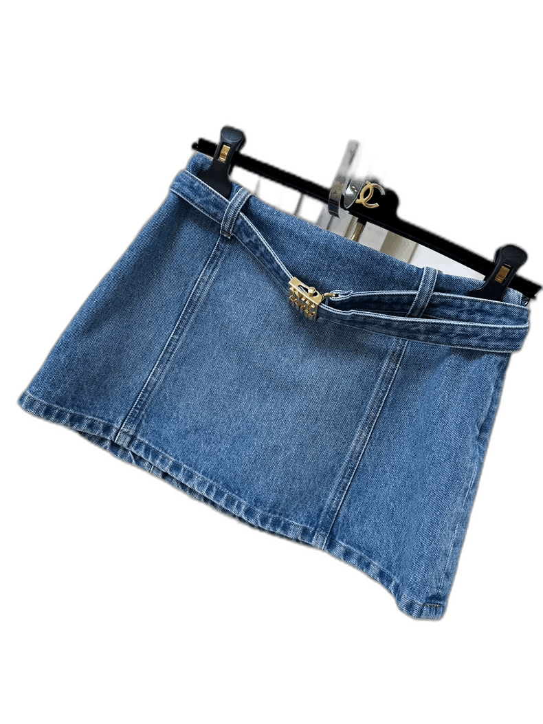 Miu Miu Miu Miu Blue Denim Mini Skirt Gold Logo Size 36" / US 14 / IT 50 - 1 Thumbnail