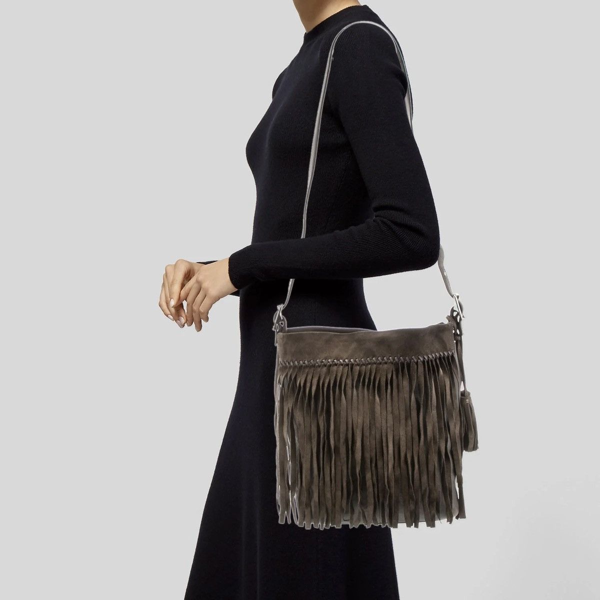 Coach COACH Fringe Trimmed Brownish Grey Leather Bucket Bag Size ONE SIZE - 1 Thumbnail
