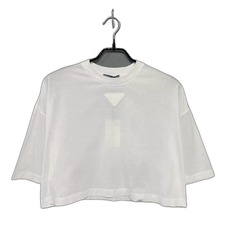 Prada White Triangle Logo Short Sleeve Crop Top