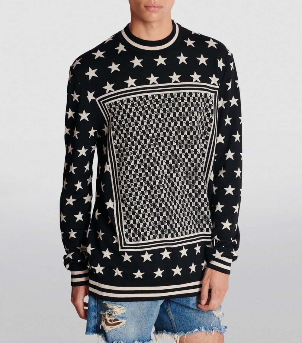 Balmain o1s1wg110125 Mini Monogram Stars Sweater in White Black Size US L / EU 52-54 / 3 - 3 Thumbnail