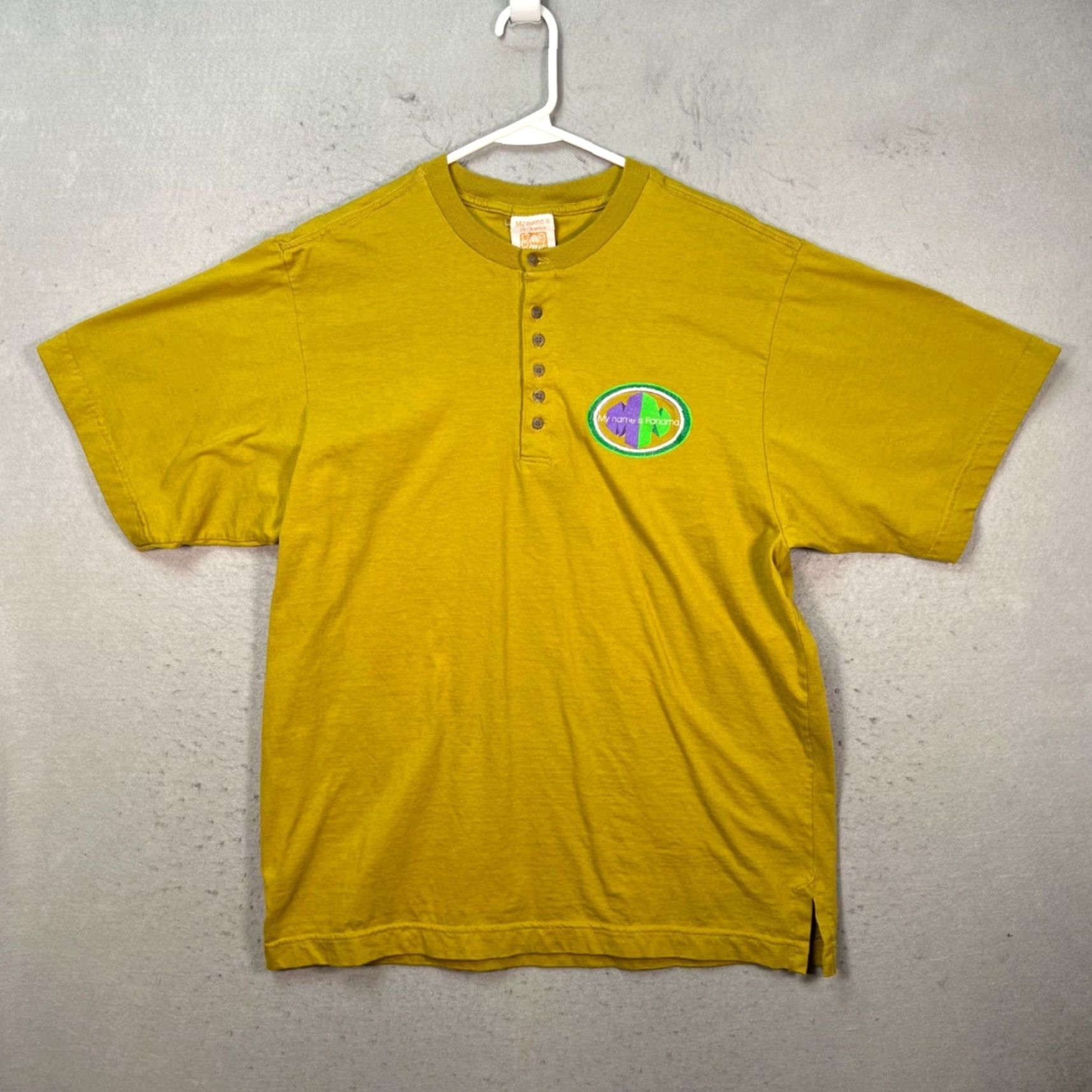 Vintage My Name Is Panama Yellow Henley T-Shirt With Embroidered Patch Mens Large Size US L / EU 52-54 / 3 - 2 Thumbnail