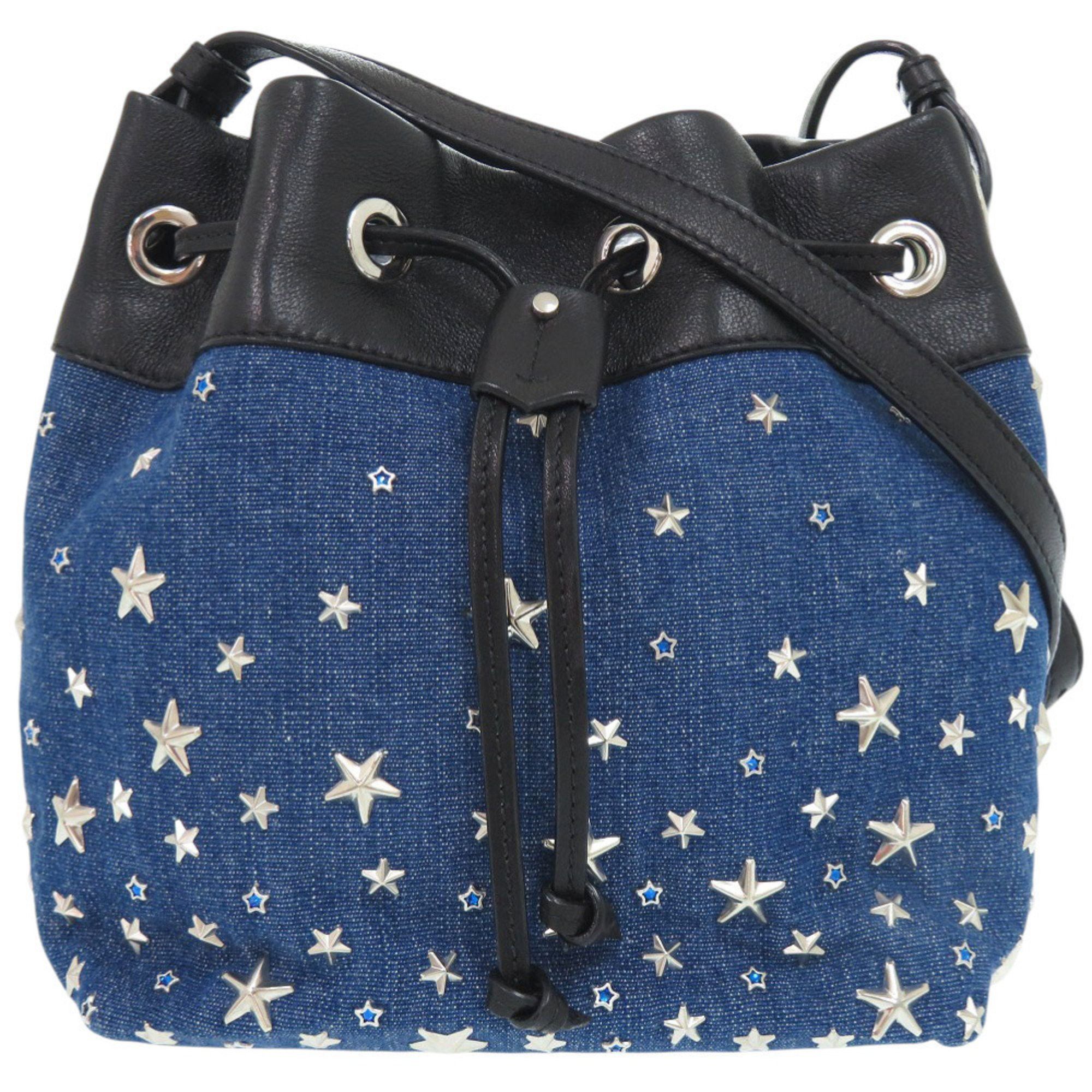Jimmy Choo Jimmy Choo Star Studs JUNO S Drawstring Bag in Denim, Leather, Blue, and Black. 0944 JIMMY CHOO Size ONE SIZE - 1 Thumbnail