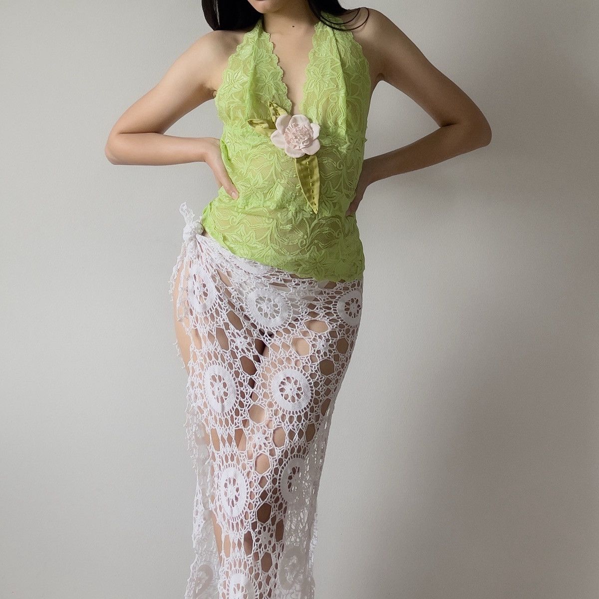 Other Romantic Y2K Lime Green Lace Sheer Halter Camisole (M) Size M / US 6-8 / IT 42-44 - 3 Thumbnail