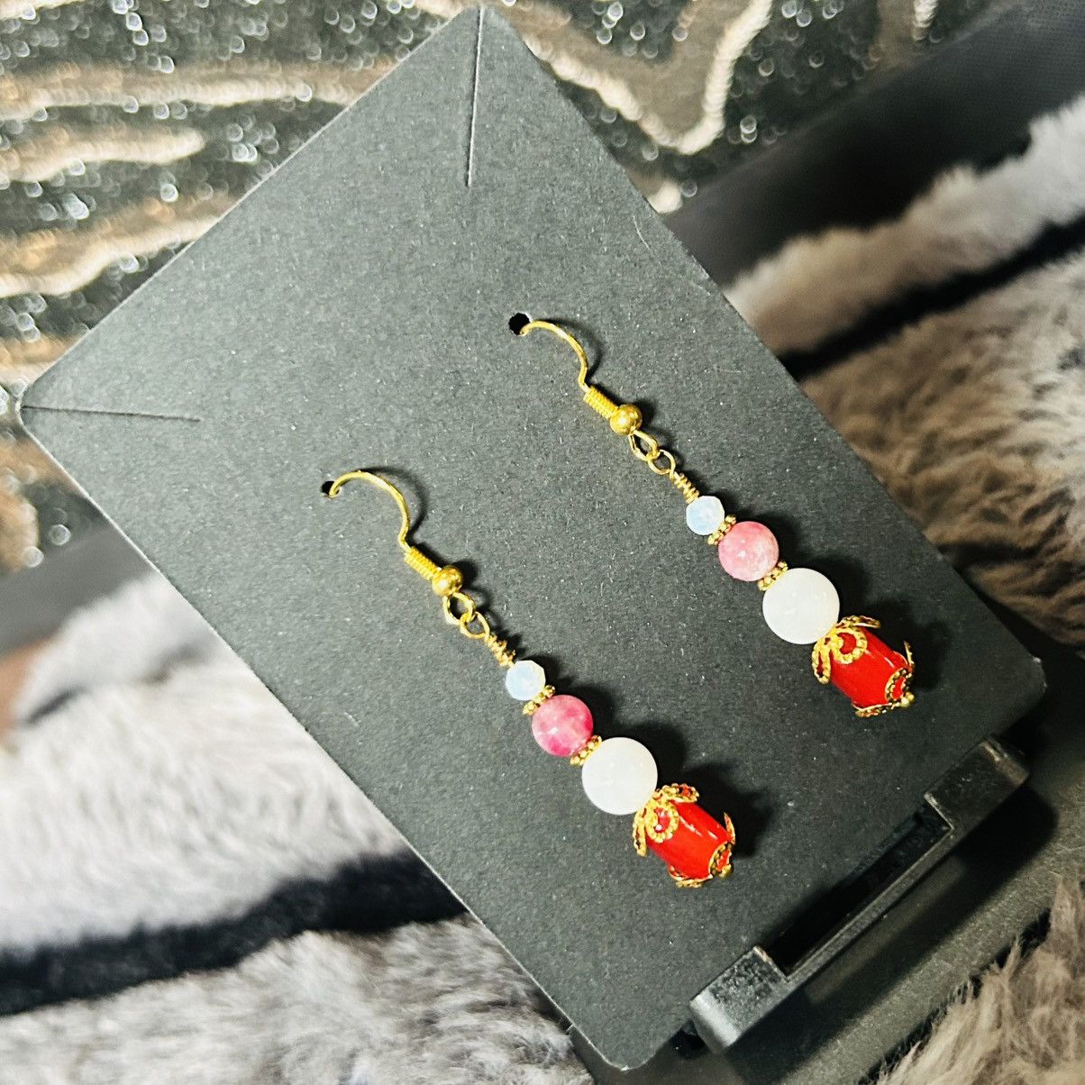 Handmade Handcrafted red cat eye glass barrel milk glass earrings Size ONE SIZE - 1 Thumbnail