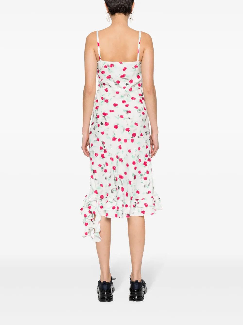 Marni o1w1db10125 Floral Ruffle Midi Dress in White/Dark Pink Size XL / US 12-14 / IT 48-50 - 4 Thumbnail