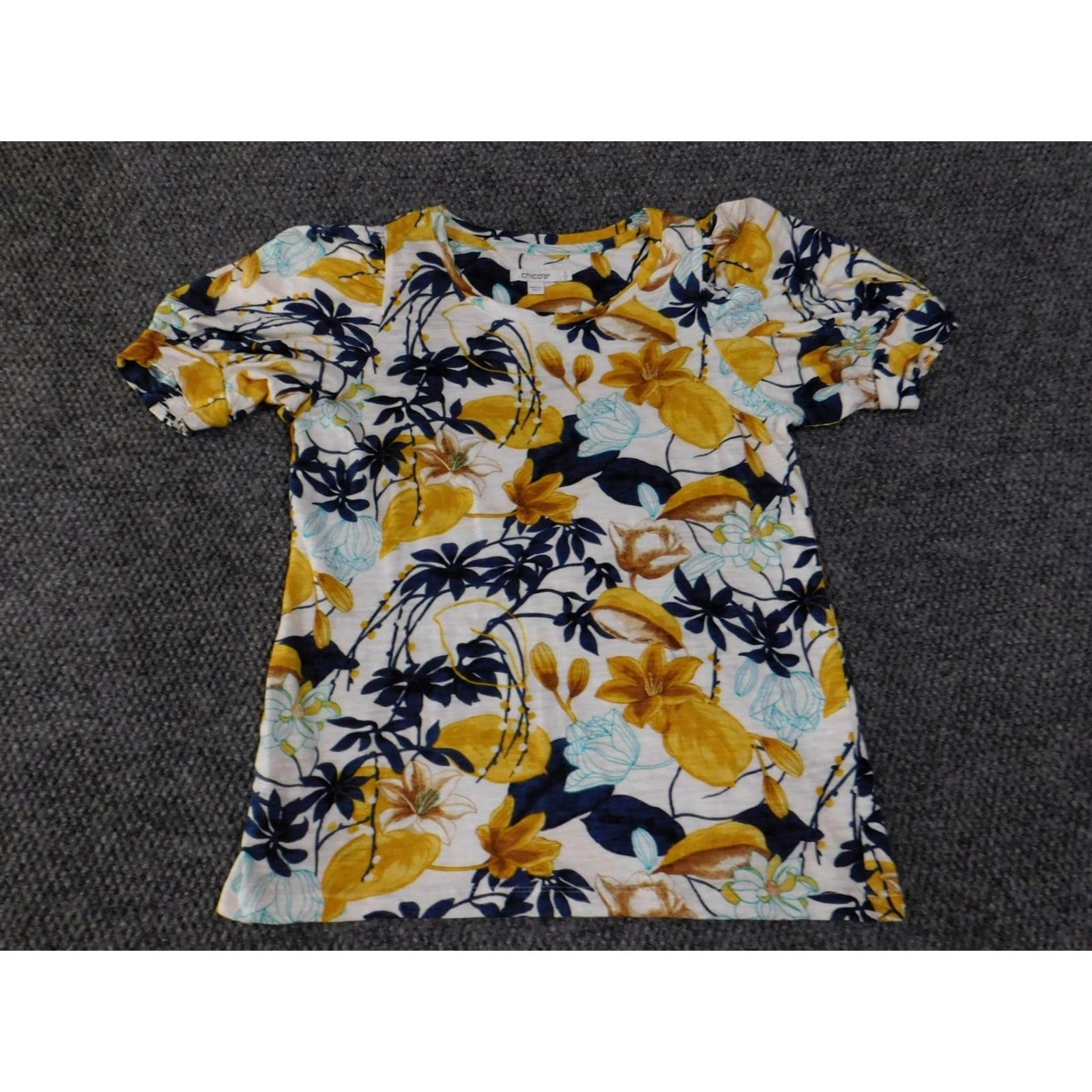 Vintage Chico's Shirt Womens Small Yellow Navy White Floral Puff Sleeve Scoop Neck Top Size S / US 4 / IT 40 - 4 Thumbnail