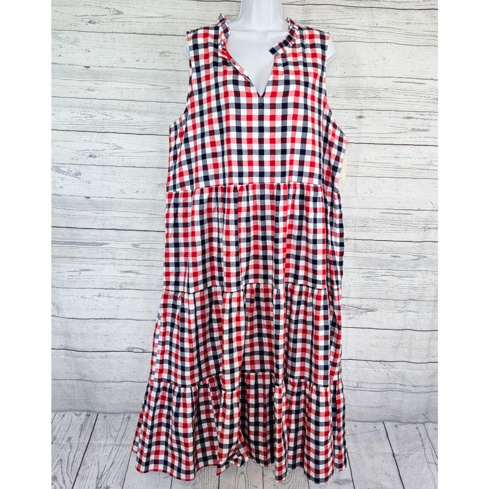 Vintage Cactus+Pearl Womens Dress 2XL Checkered Sleeveless Cotton Midi A-Line Red Blue Size XXL / US 16-18 / IT 52-54 - 2 Thumbnail
