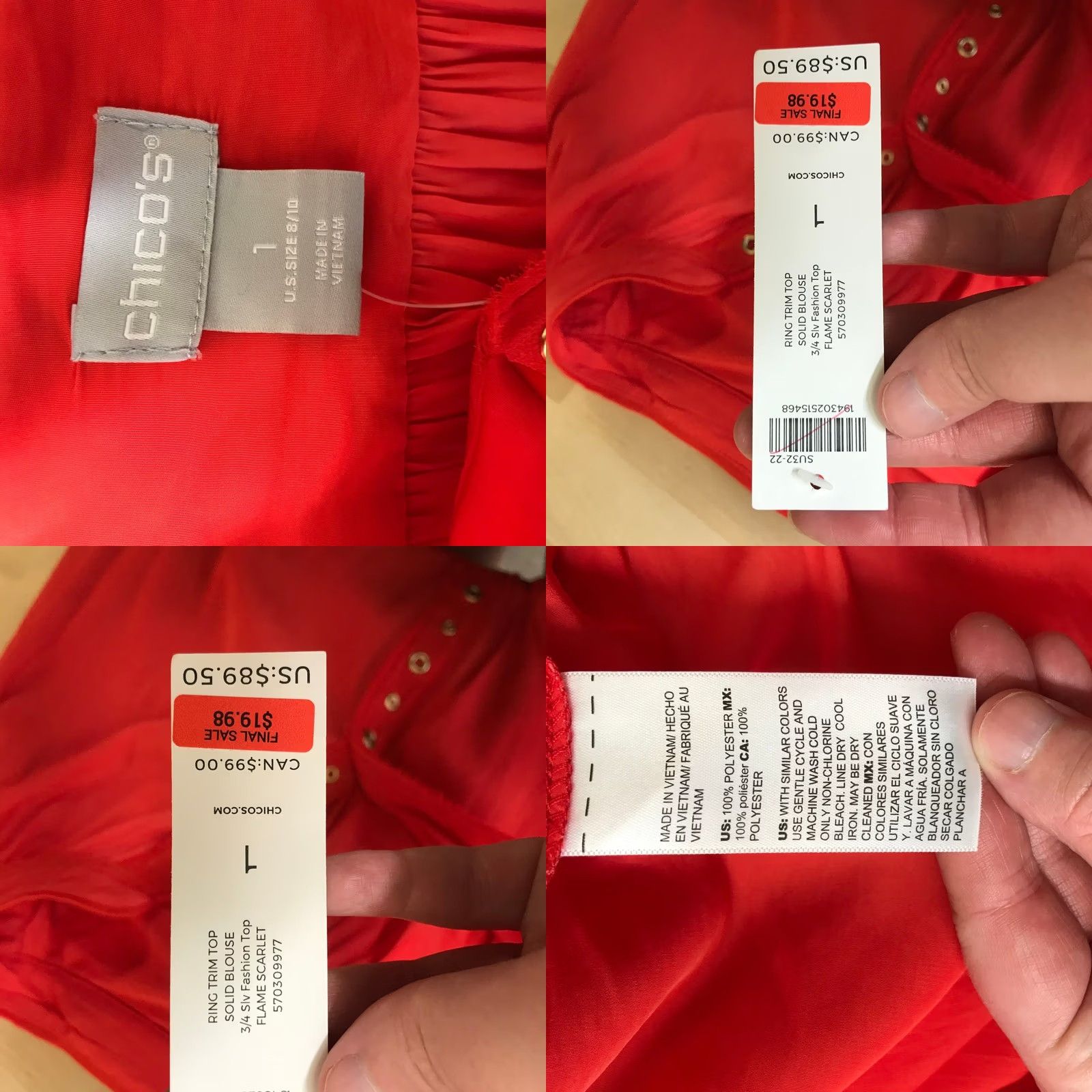 Vintage VINTAGE Chico's Chicos Red Grommet Button Front Blouse Mandarin Collar 3/4 Sleeve Size 10 Womens Red Blouse Size L / US 10 / IT 46 - 8 Thumbnail