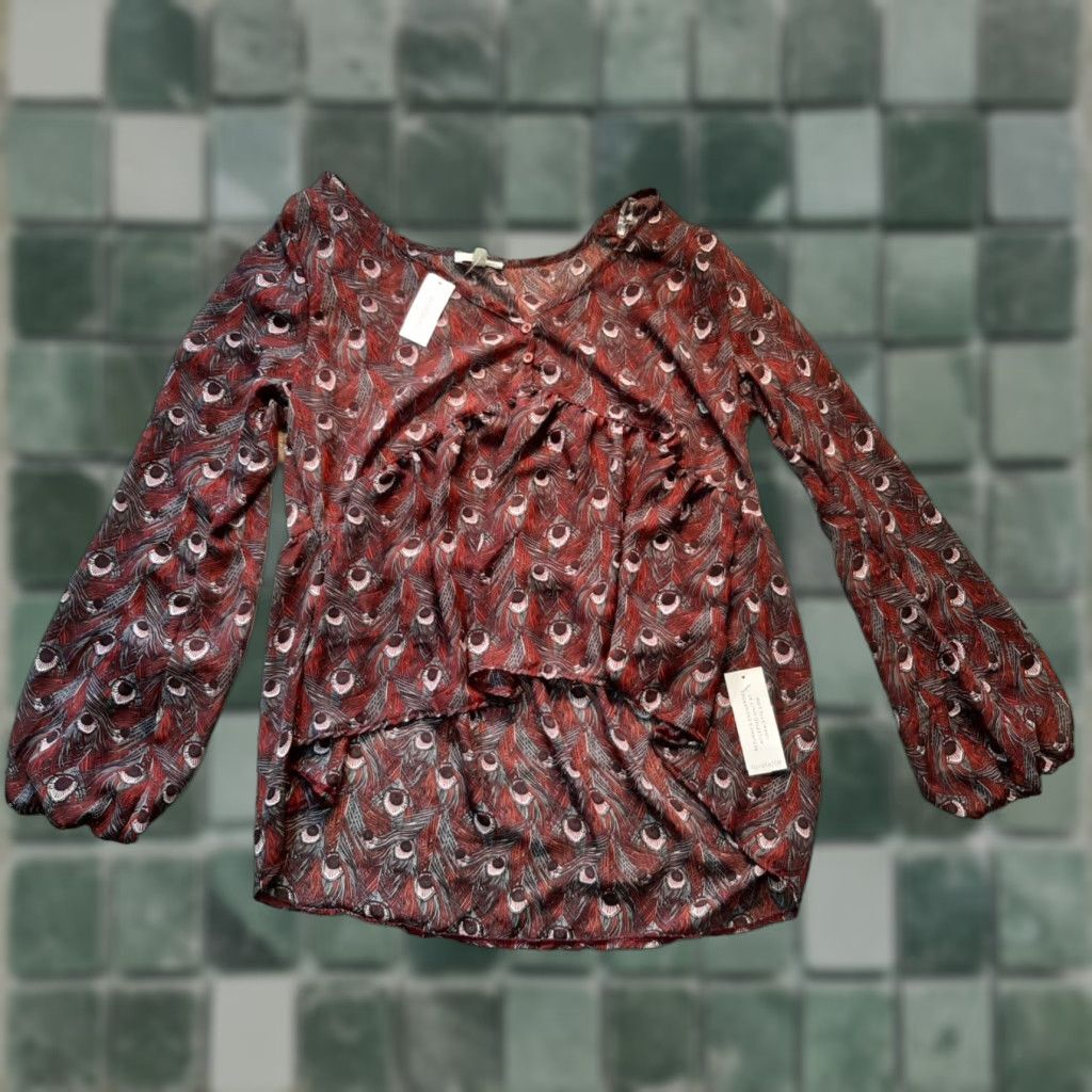 Vintage **Loralette Womens 2XL Red Feather Pattern Sheer Long Sleeve Top** User: Loralette Womens 2XL Red Feather Pattern Sheer Long Sleeve Top Size XXL / US 16-18 / IT 52-54 - 1 Preview