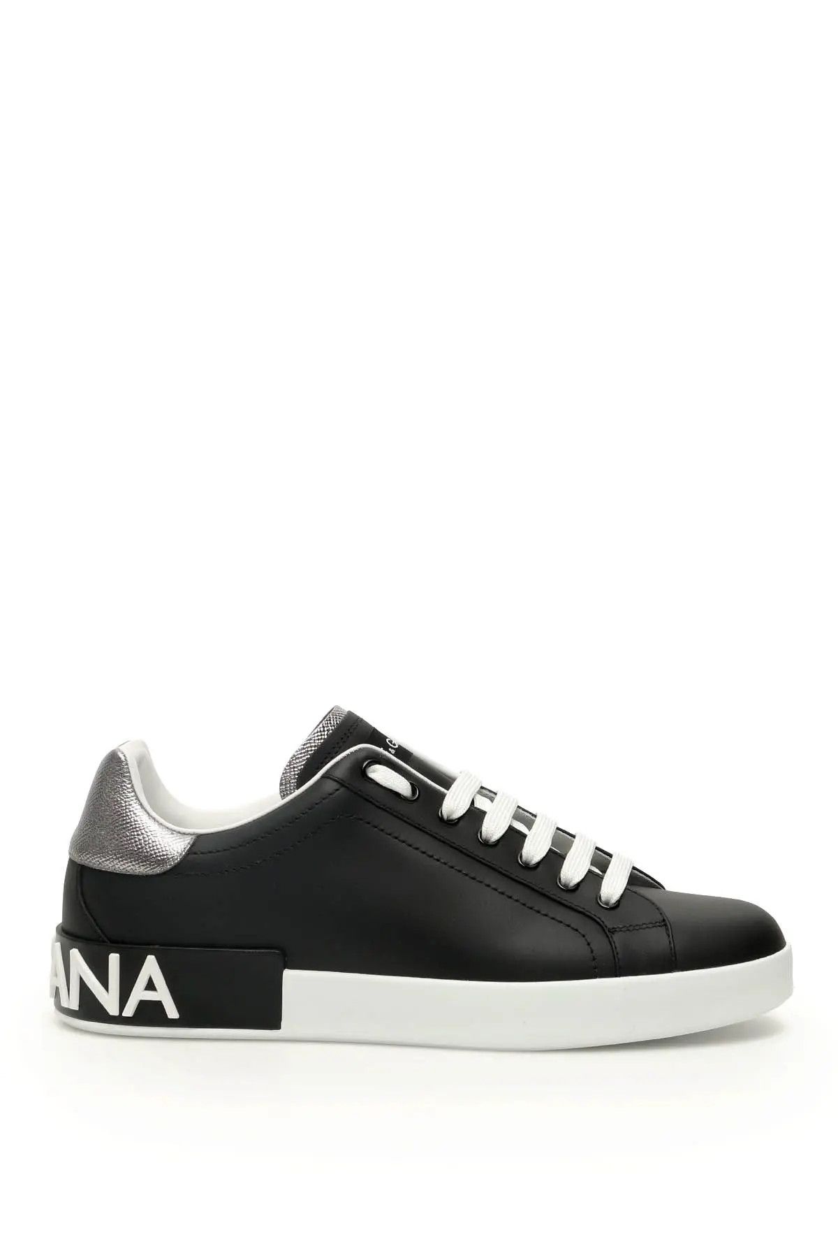 image of Dolce Gabbana O1S22I1N0224 Portofino Leather Sneakers In Silver Black, Men's (Size 9)