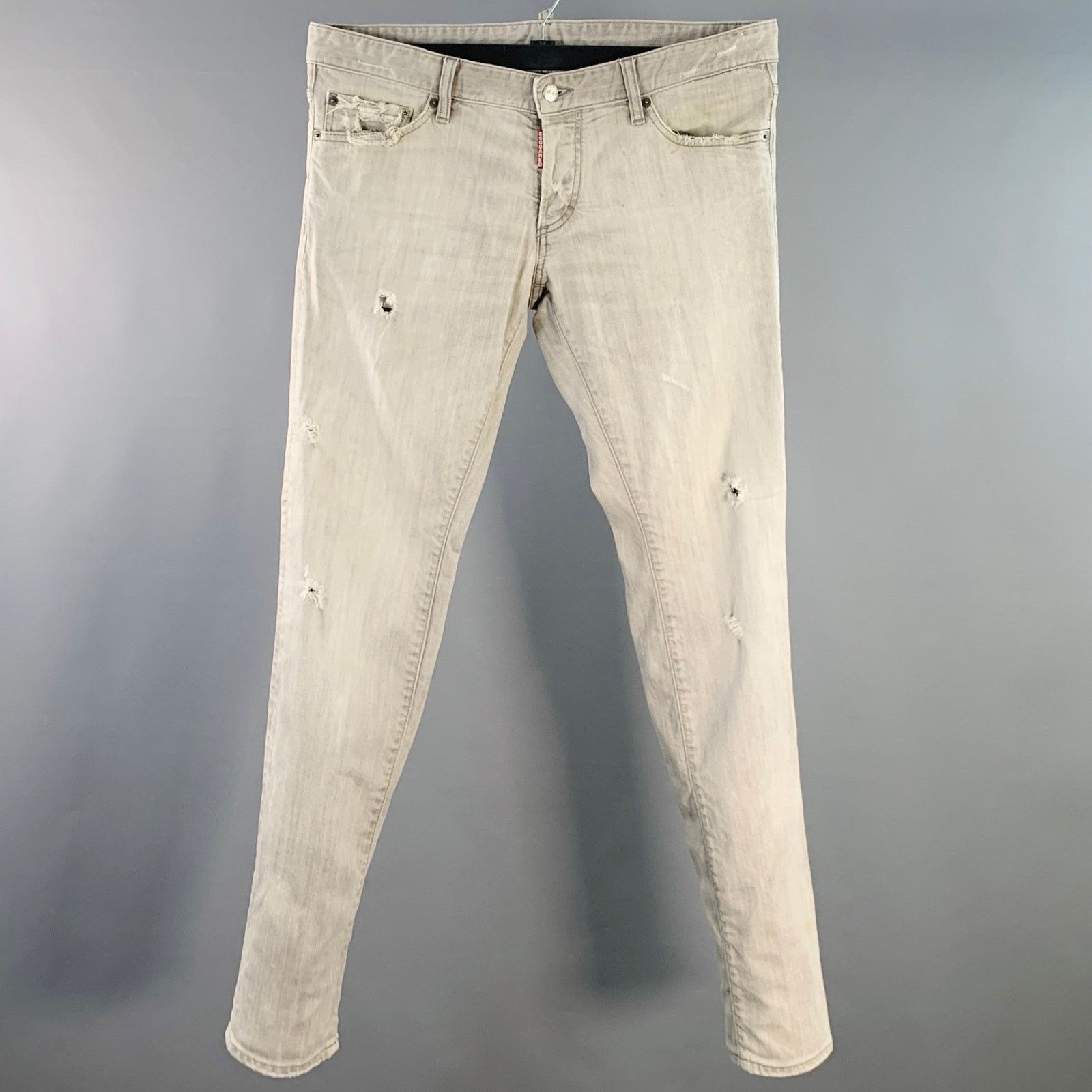 Size 36 Grey Distressed Cotton Blend Slim Cut Jeans