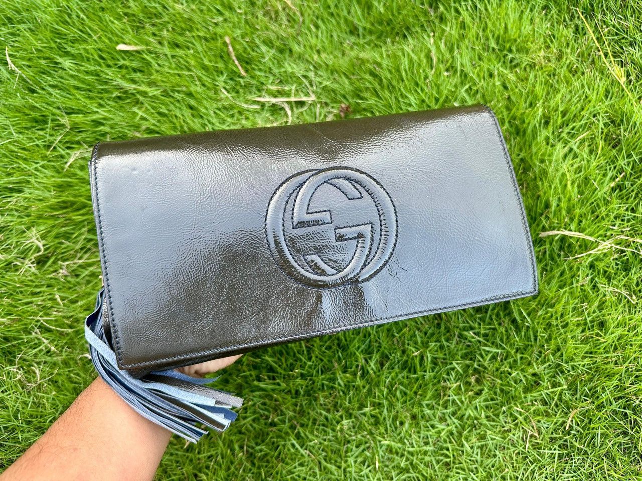 Authentic Gucci Soho Soft Patent Leather Clutch Bag