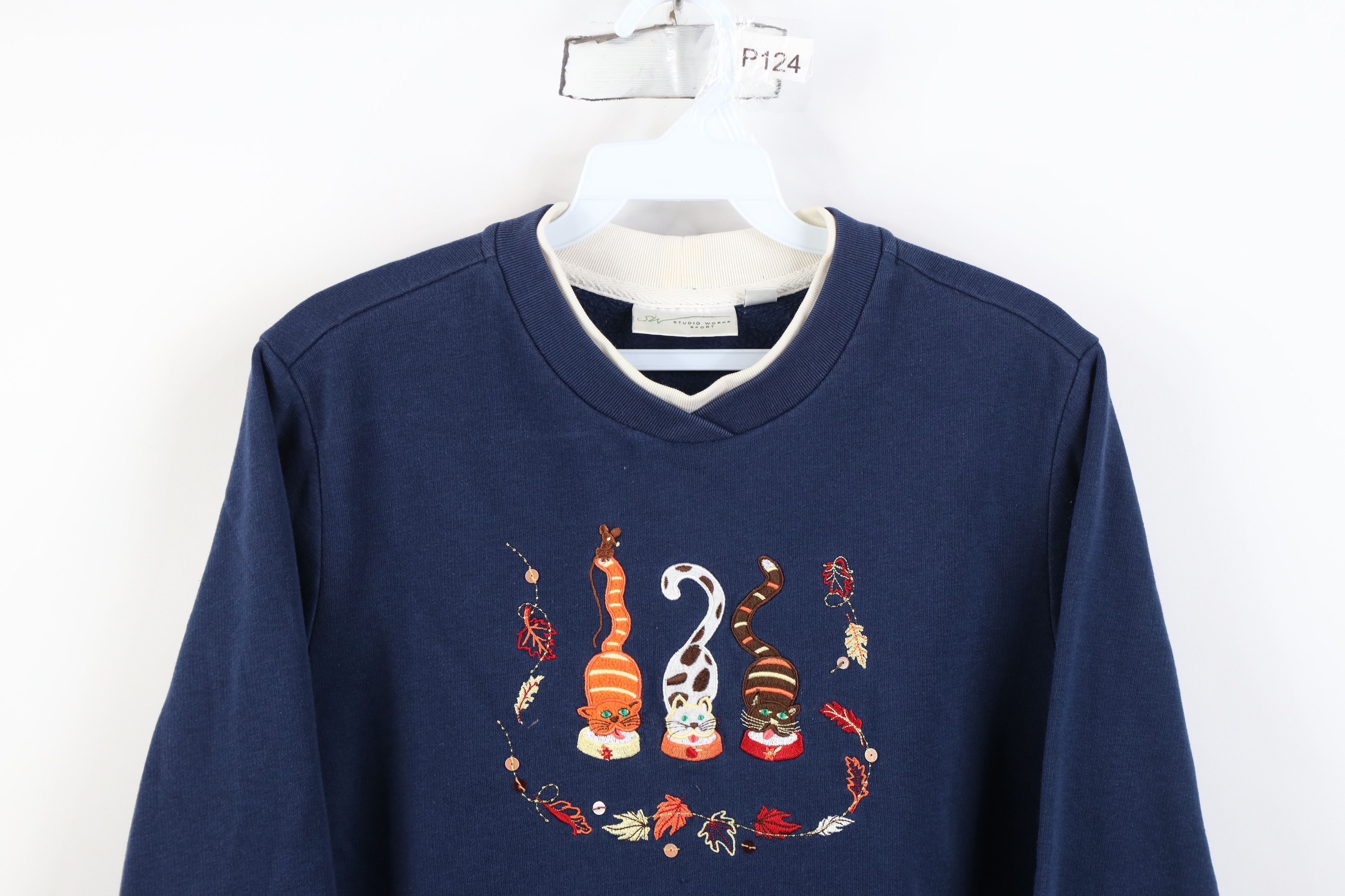 Vintage Vintage 90s Streetwear Fall Leaf Cat Kitten Sweatshirt Blue Size S / US 4 / IT 40 - 2 Thumbnail