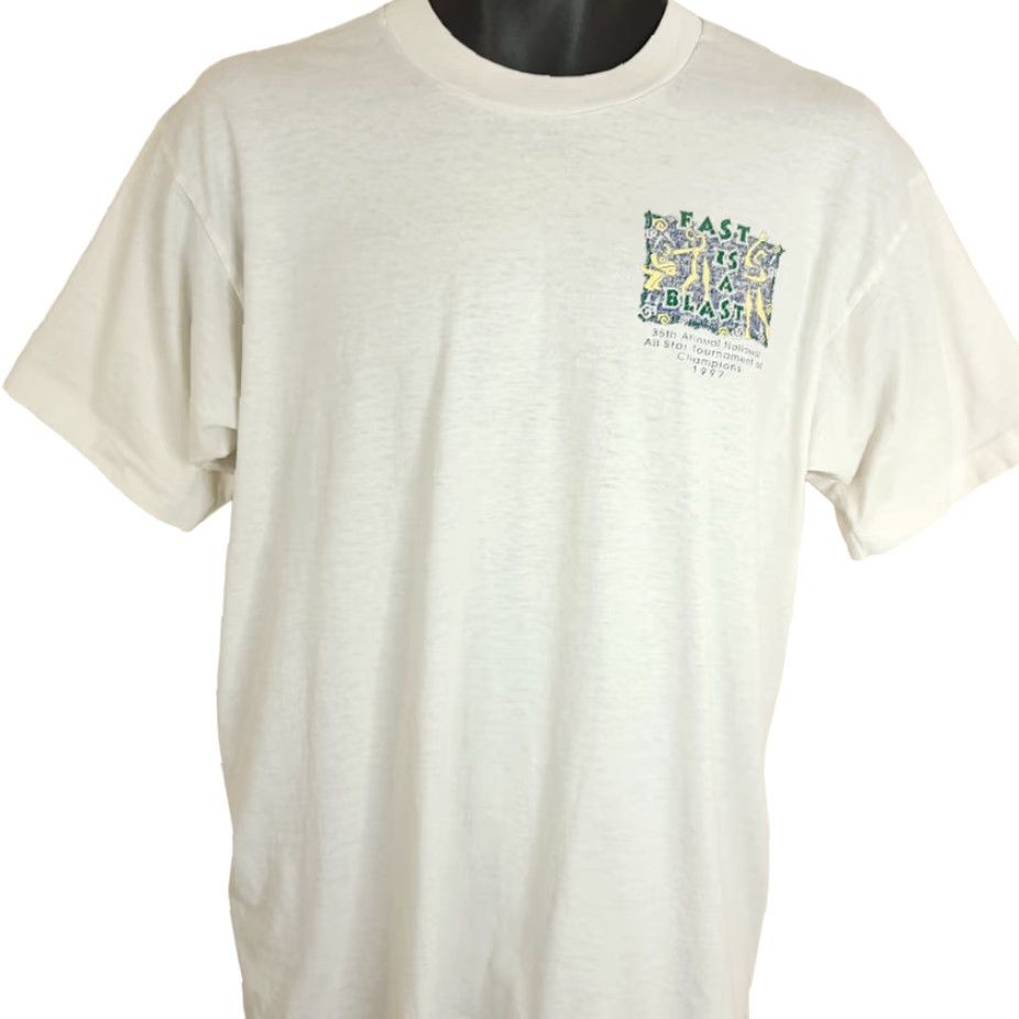 Fruit Of The Loom VINTAGE Bobby Sox Softball T Shirt Mens Size Large 90s Fast Made In USA Fruit of the Loom White Cotton Blend 90s baseball Mens T-Shirt US-made Size US L / EU 52-54 / 3 - 2 Thumbnail