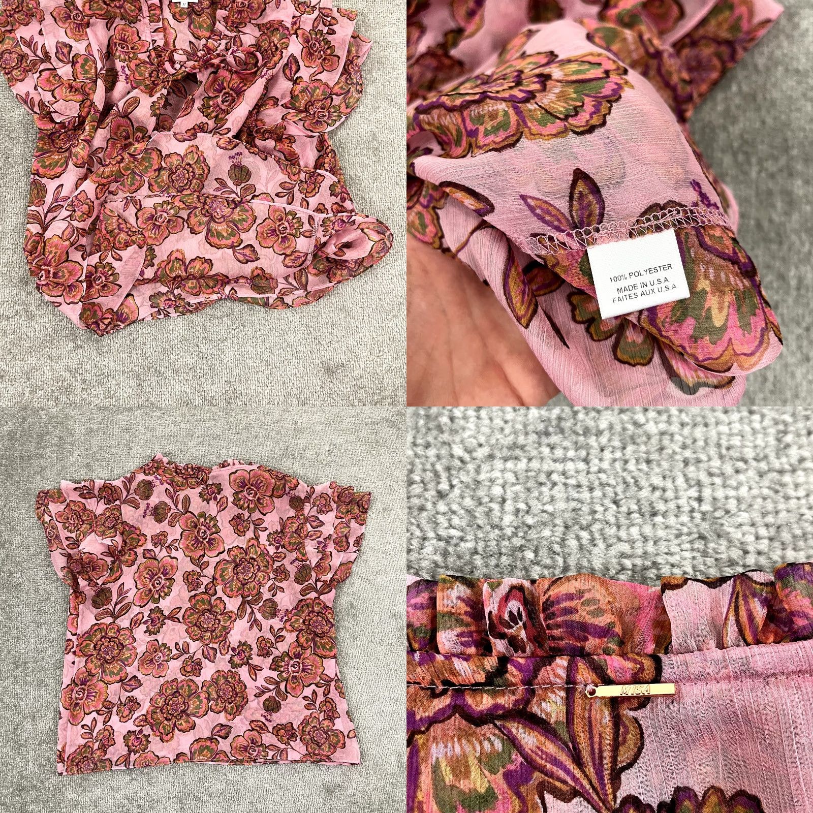 Vintage MISA Top Womens Medium Pink Floral Sheer Layered Sleeve Peasant BOHO Slit V Neck Shirt Size M / US 6-8 / IT 42-44 - 8 Thumbnail