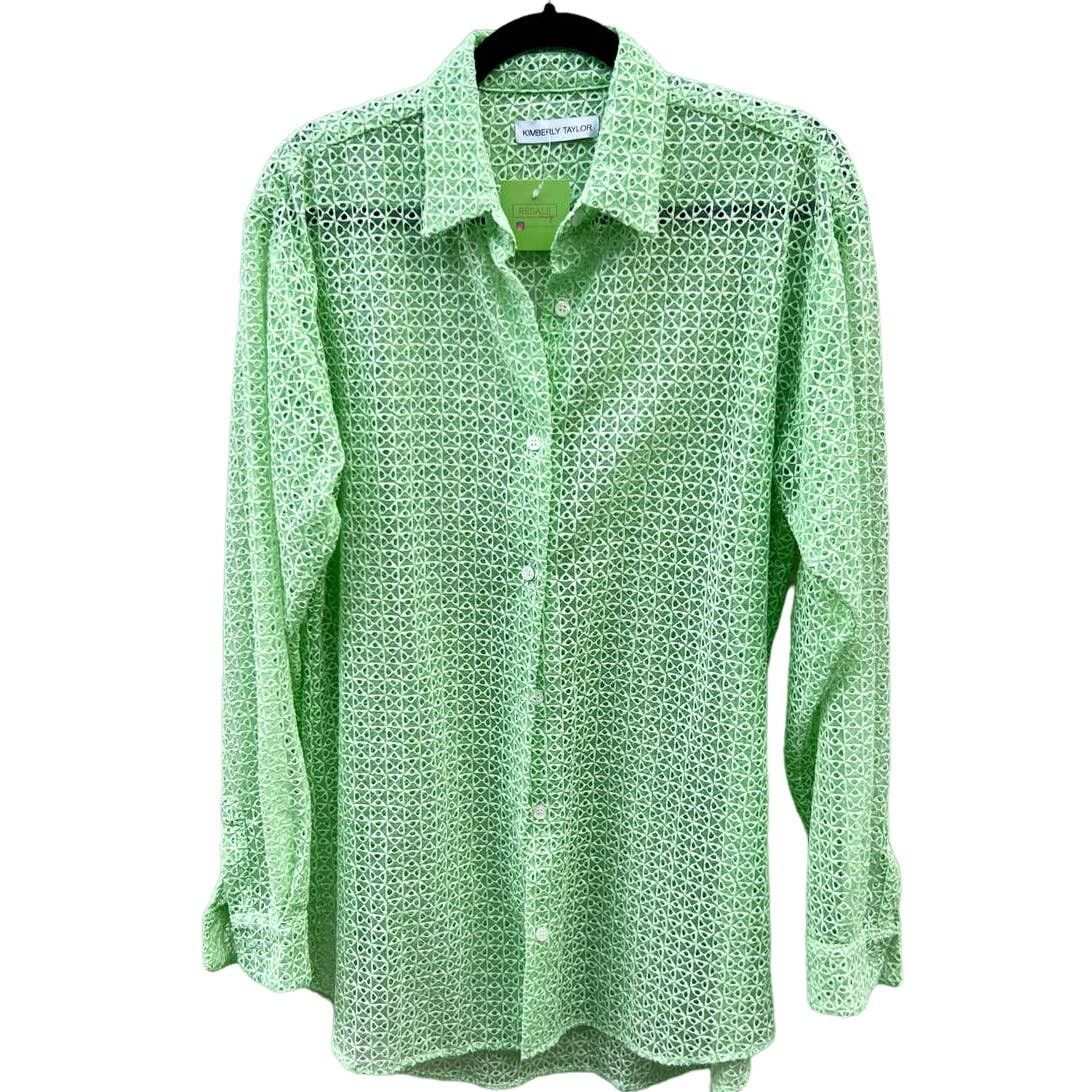image of Zara Kimberly Taylor Embroidered Eyelet Sheer Button Down Shirt in Green, Women's (Size Medium)