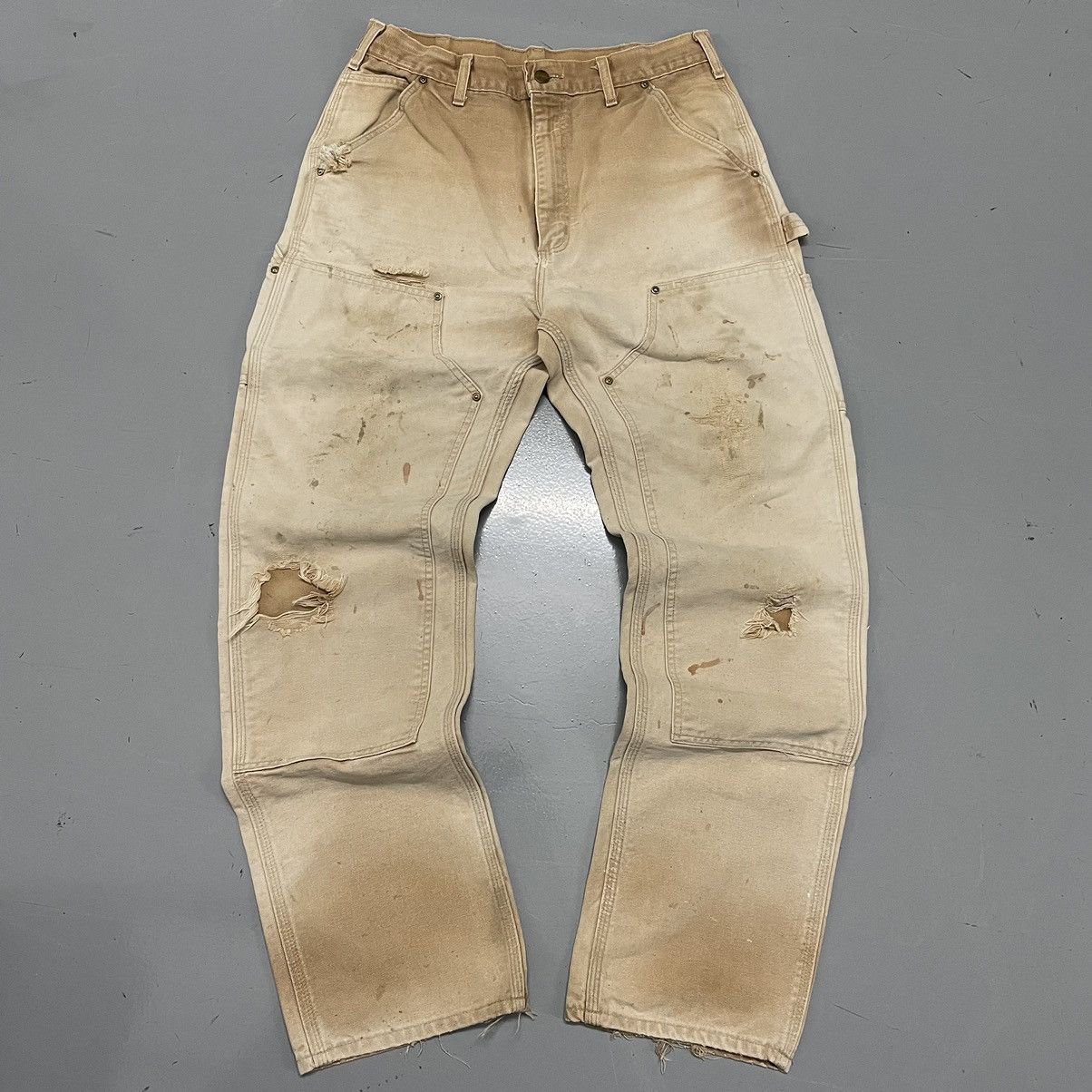 Pre-owned Carhartt X Vintage Crazy Vintage 90's Carhartt Distressed Faded Double Knees In Beige