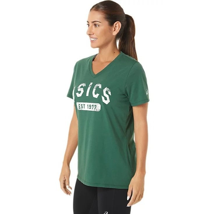 Asics ASICS Women's Short Sleeve Est 1977 V-Neck T-shirt, Hunter G Size XS / US 0-2 / IT 36-38 - 2 Thumbnail