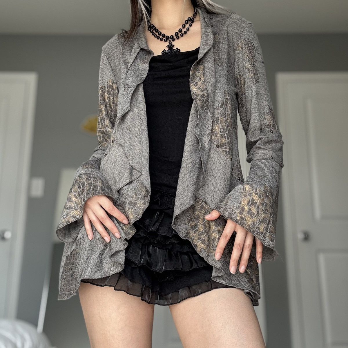 Other Vintage Mischa Leopard Print Gold Studded Ruffle Cardigan Size M / US 6-8 / IT 42-44 - 10 Thumbnail