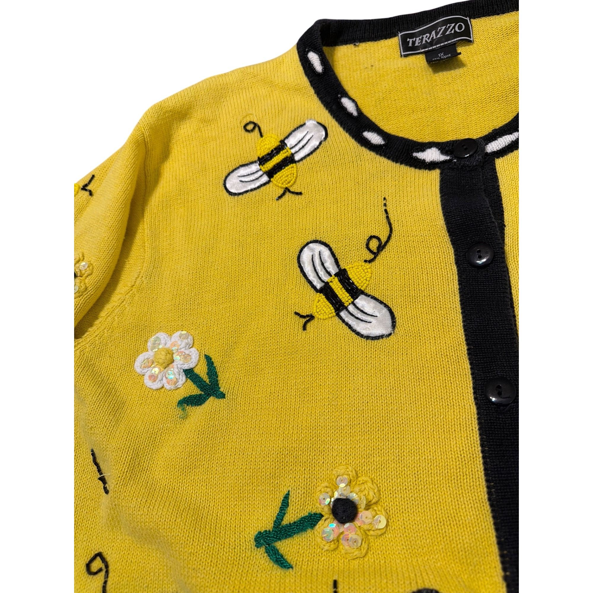 Other Vintage Terazzo Bee Yellow Black Cardigan Embroidered Beaded Size XL / US 12-14 / IT 48-50 - 3 Thumbnail