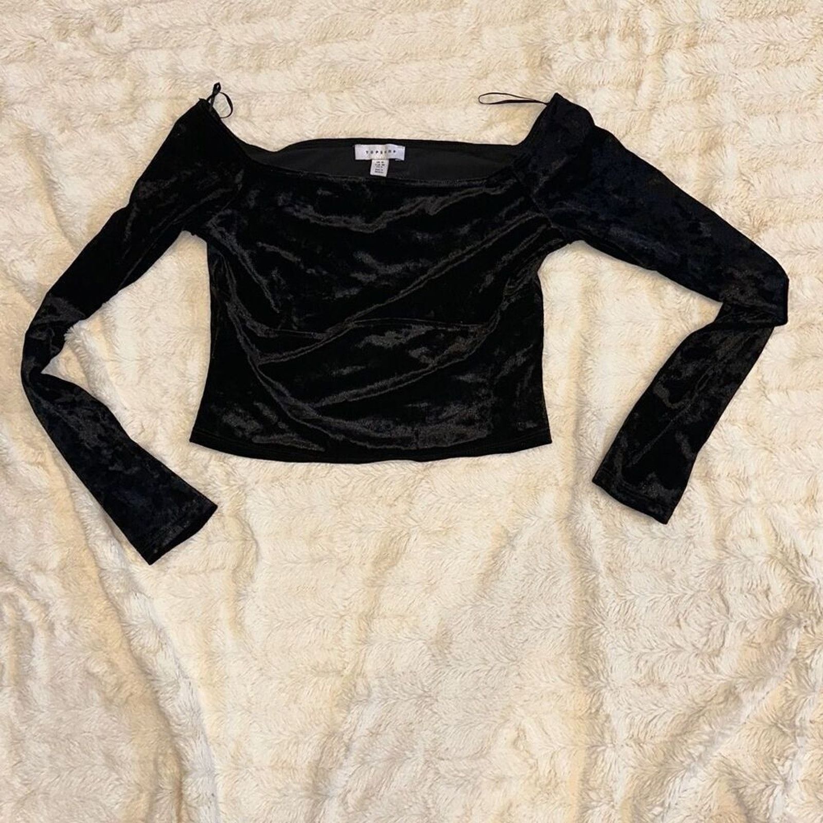 Topshop Topshop Black Velvet Off-Shoulder Long Sleeve Top | Sz 6 Size M / US 6-8 / IT 42-44 - 2 Thumbnail