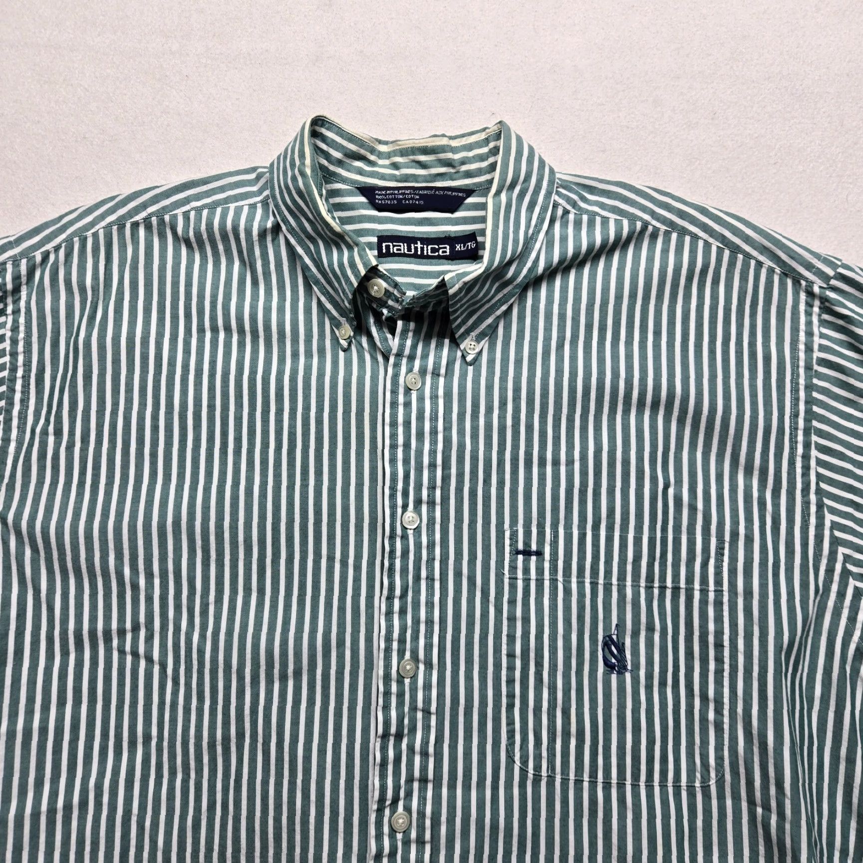 Nautica Nautica Shirt Men XL 100% Cotton Green White Stripes Button-Up, Collared, Short Sleeve, Regular Fit, Casual Business, Button-Front, Pockets Size US XL / EU 56 / 4 - 2 Thumbnail