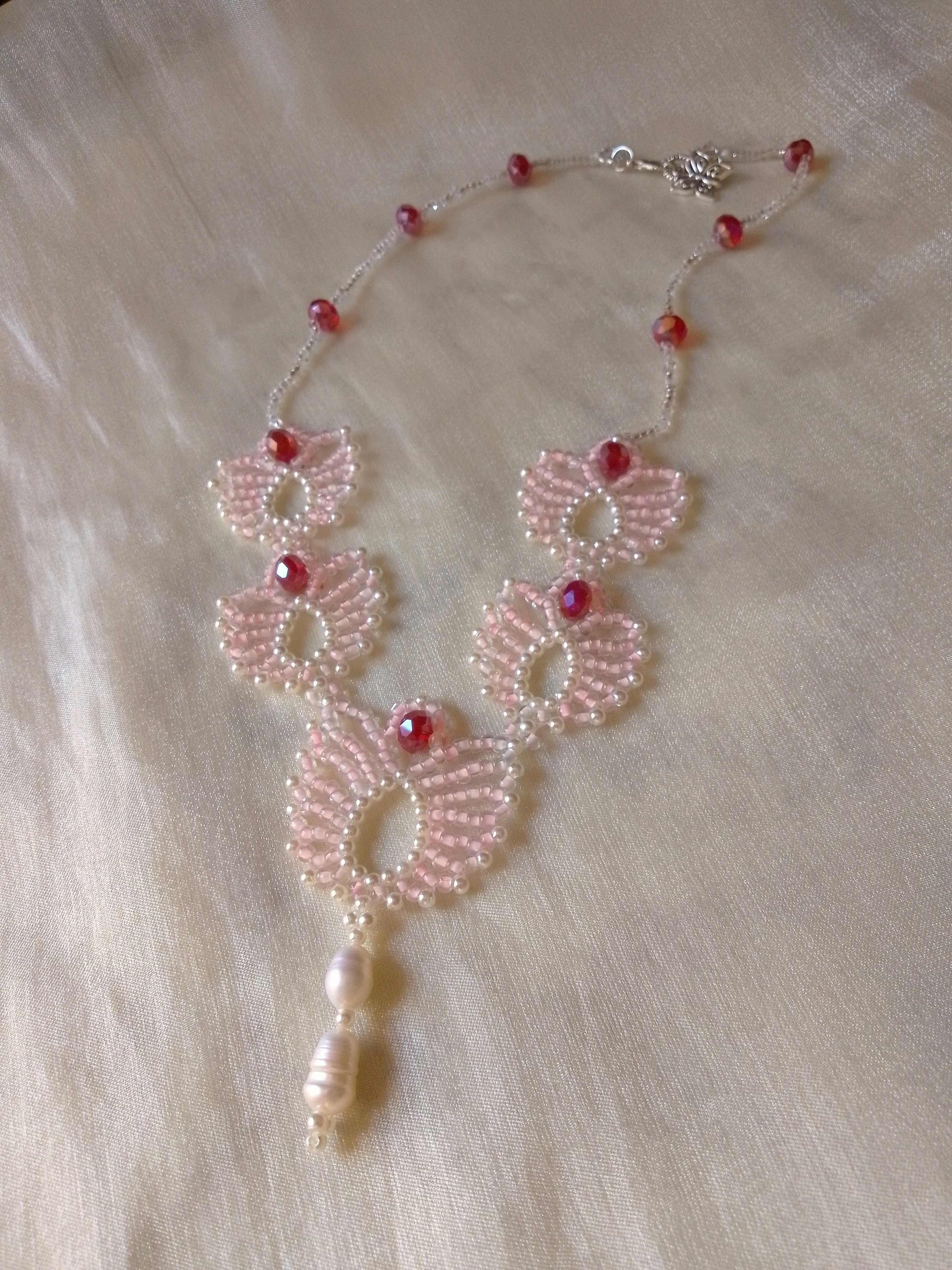 Handmade Necklace Pink lotus flowers with crystal& freshwater pearls Size ONE SIZE - 14 Thumbnail