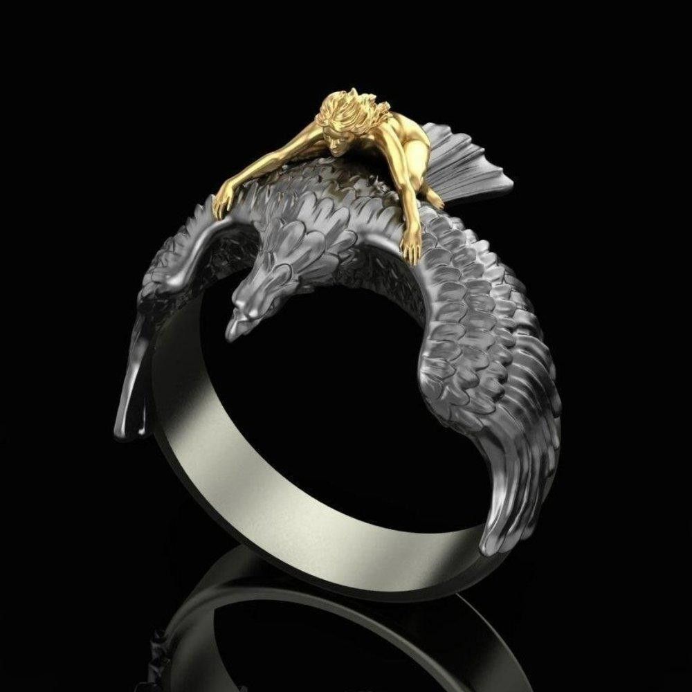 Designer Girl Flying on The Eagle Two Tone Punk Rock Ring - Size 9 Size ONE SIZE - 4 Thumbnail