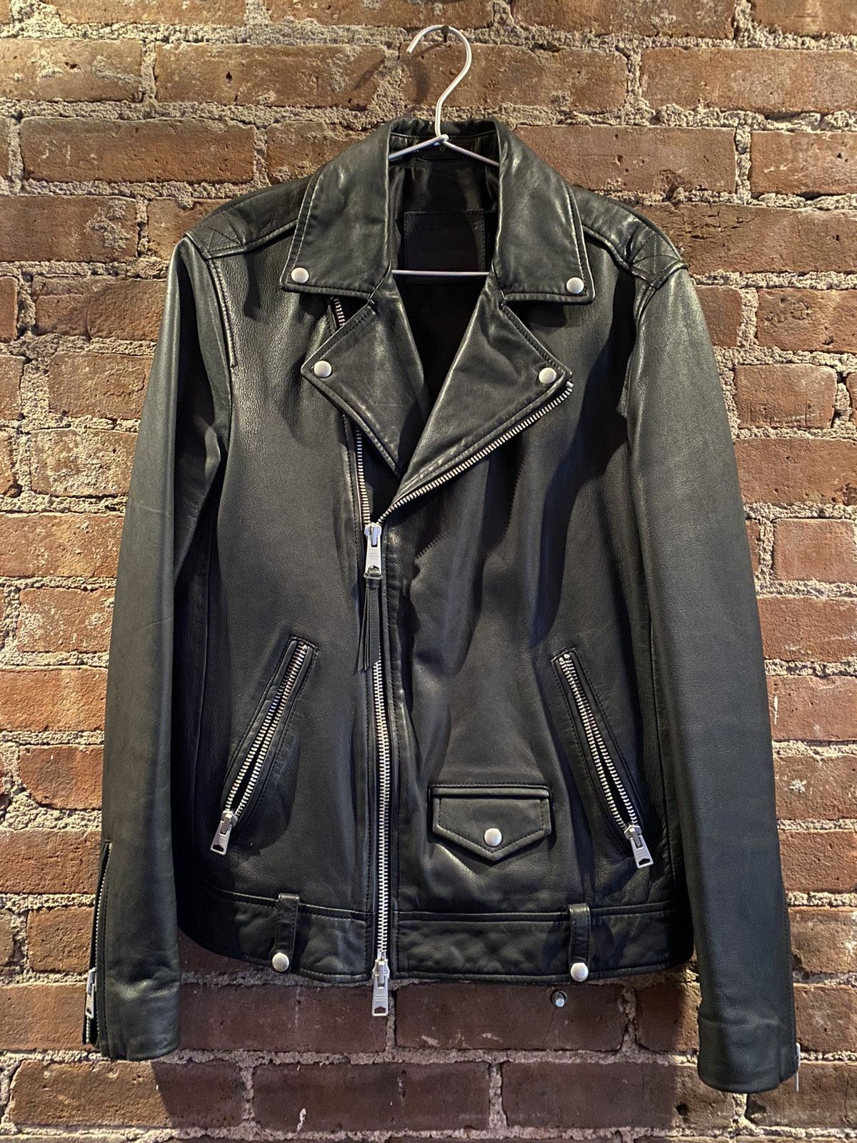 image of Allsaints Classic Leather Biker Jacket in Black, Men's (Size XS)