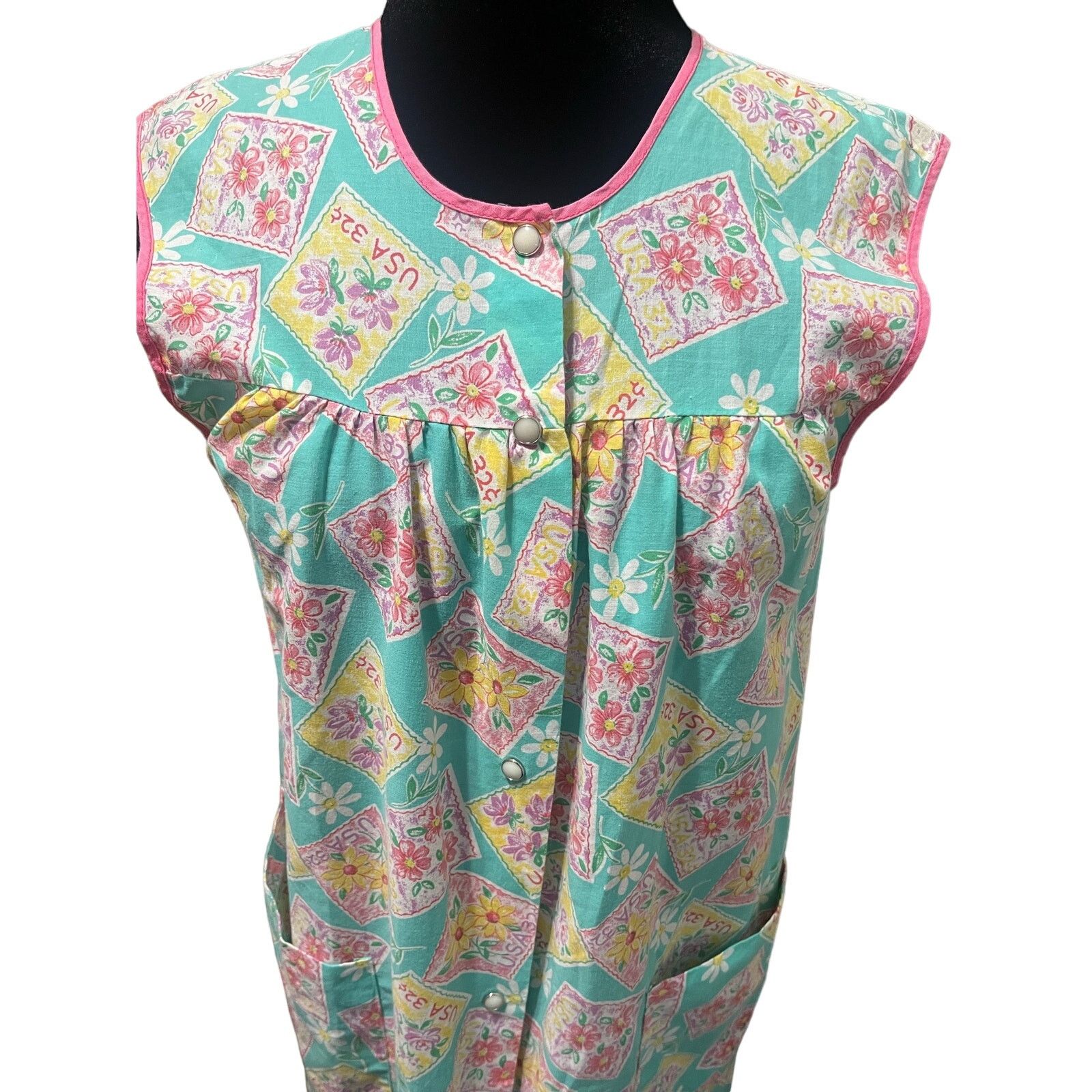 Vintage Vintage 60s Blue Yellow Stamps Snap Front Day Dress Medium Size M / US 6-8 / IT 42-44 - 4 Thumbnail
