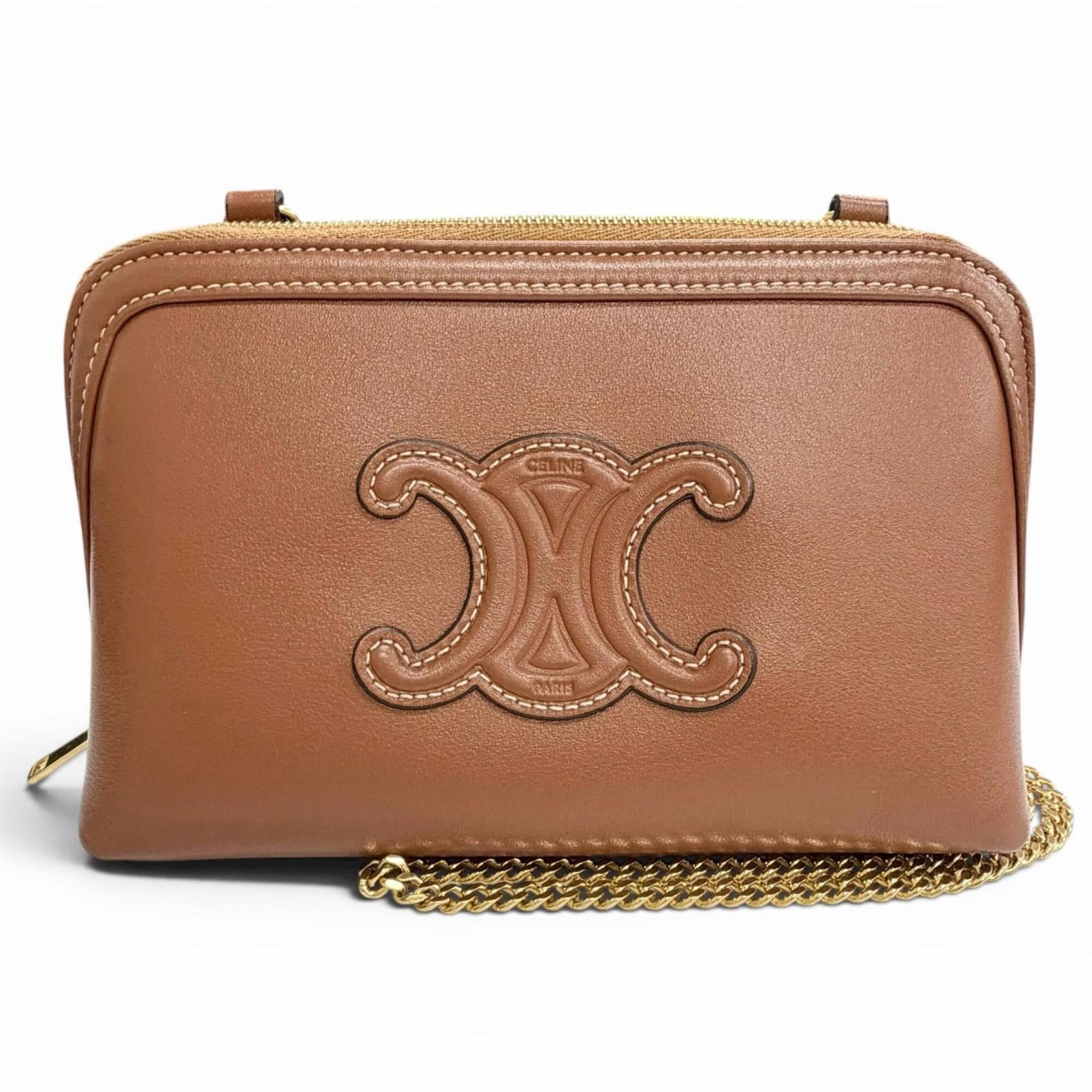 Celine CELINE 10E383DR8 Smooth Calfskin Cuile Triomphe Chain Clutch Shoulder Bag, Tan Brown, Made in Italy, Women's, with Dust Bag Size ONE SIZE - 1 Thumbnail