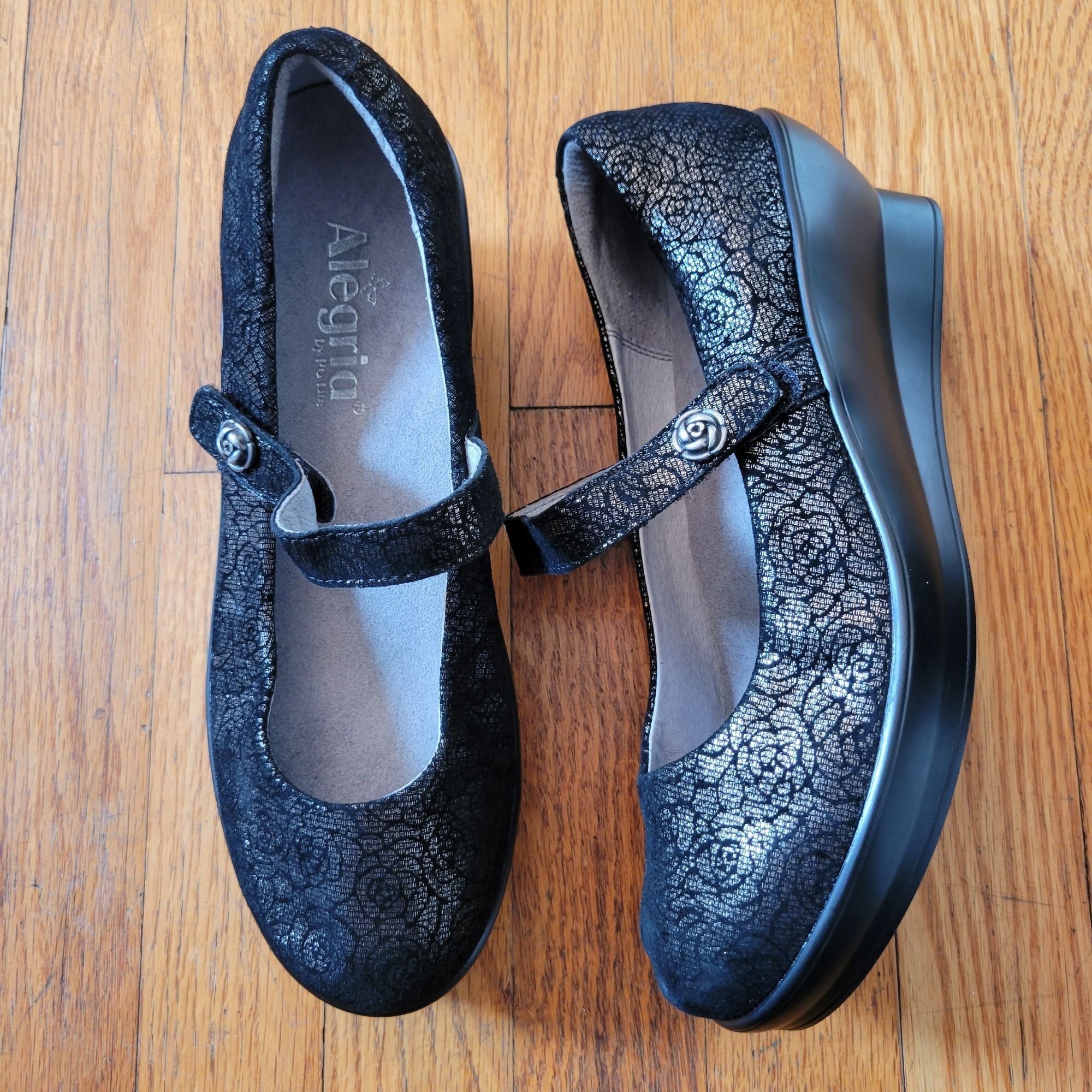 Vintage Alegria Black Metallic Floral Rose Leather Mary Jane Wedge H Size US 8.5 / IT 38.5 - 1 Thumbnail