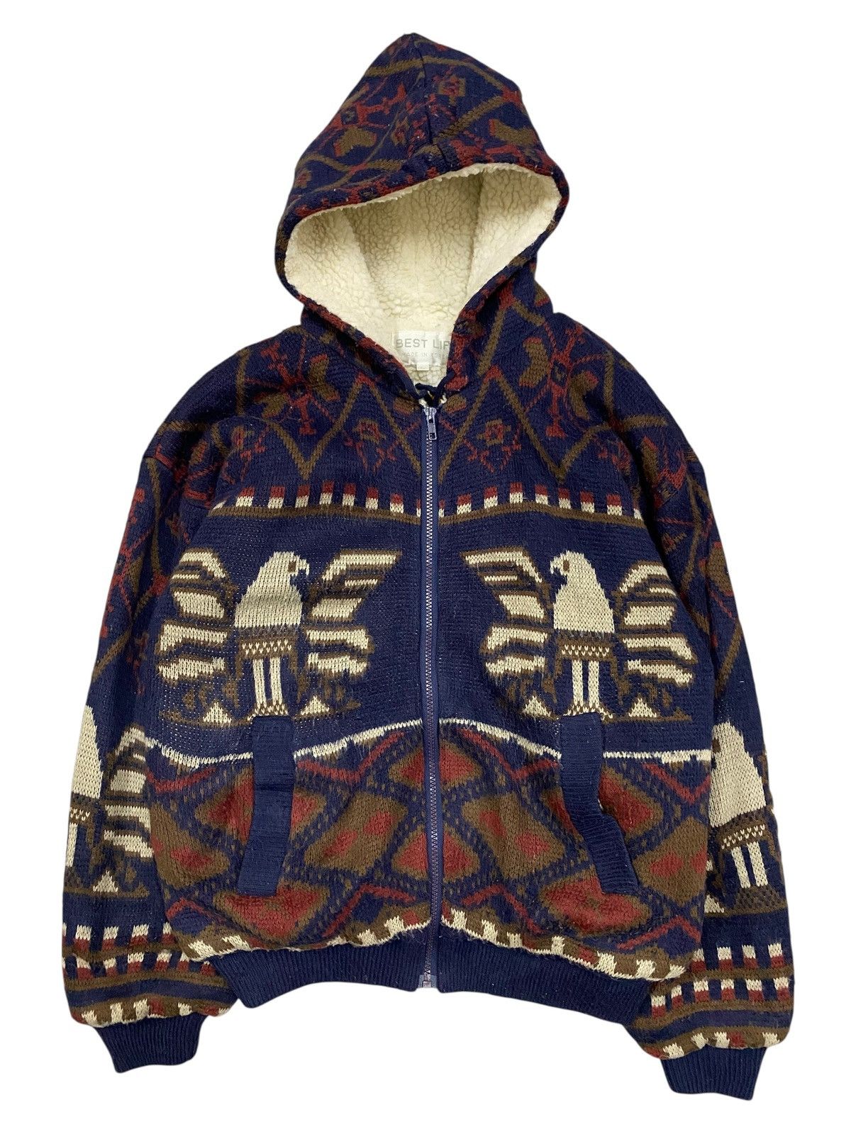 Vintage Vintage Best Life Aztec Eagle Sherpa Lined Knit Zip Hoodie Size US L / EU 52-54 / 3 - 1 Thumbnail