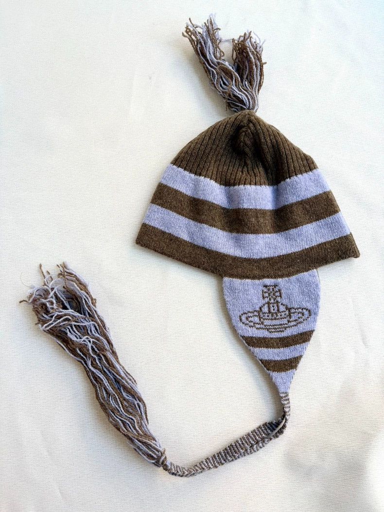 帽子 VivienneWestwood knit hat with ear flaps Vivienne Westwood Knit Hat Ear Flaps Pom Pom Brown Gray | eBay